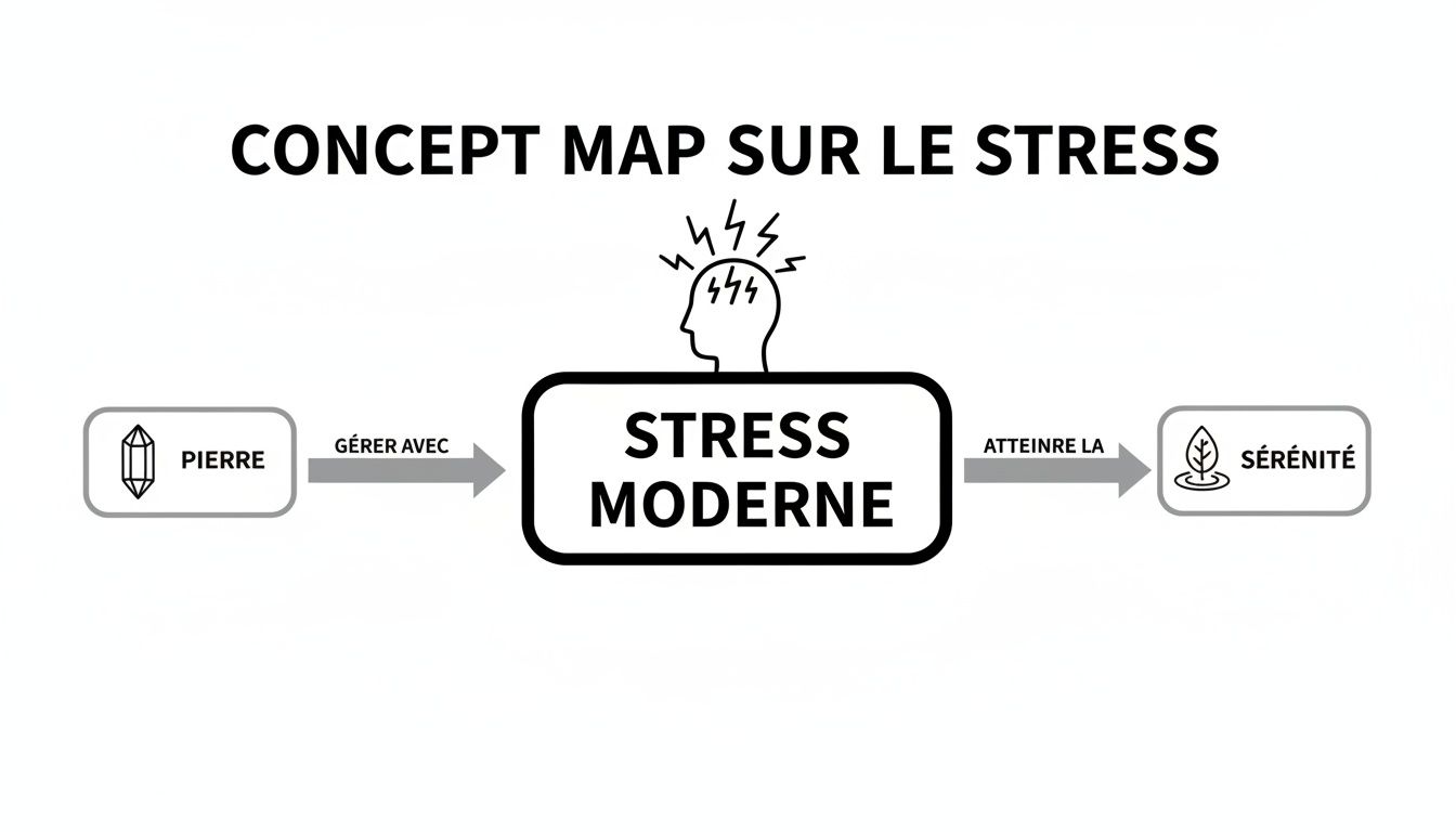 Carte conceptuelle illustrant la gestion du stress moderne à l'aide de pierres pour atteindre la sérénité.