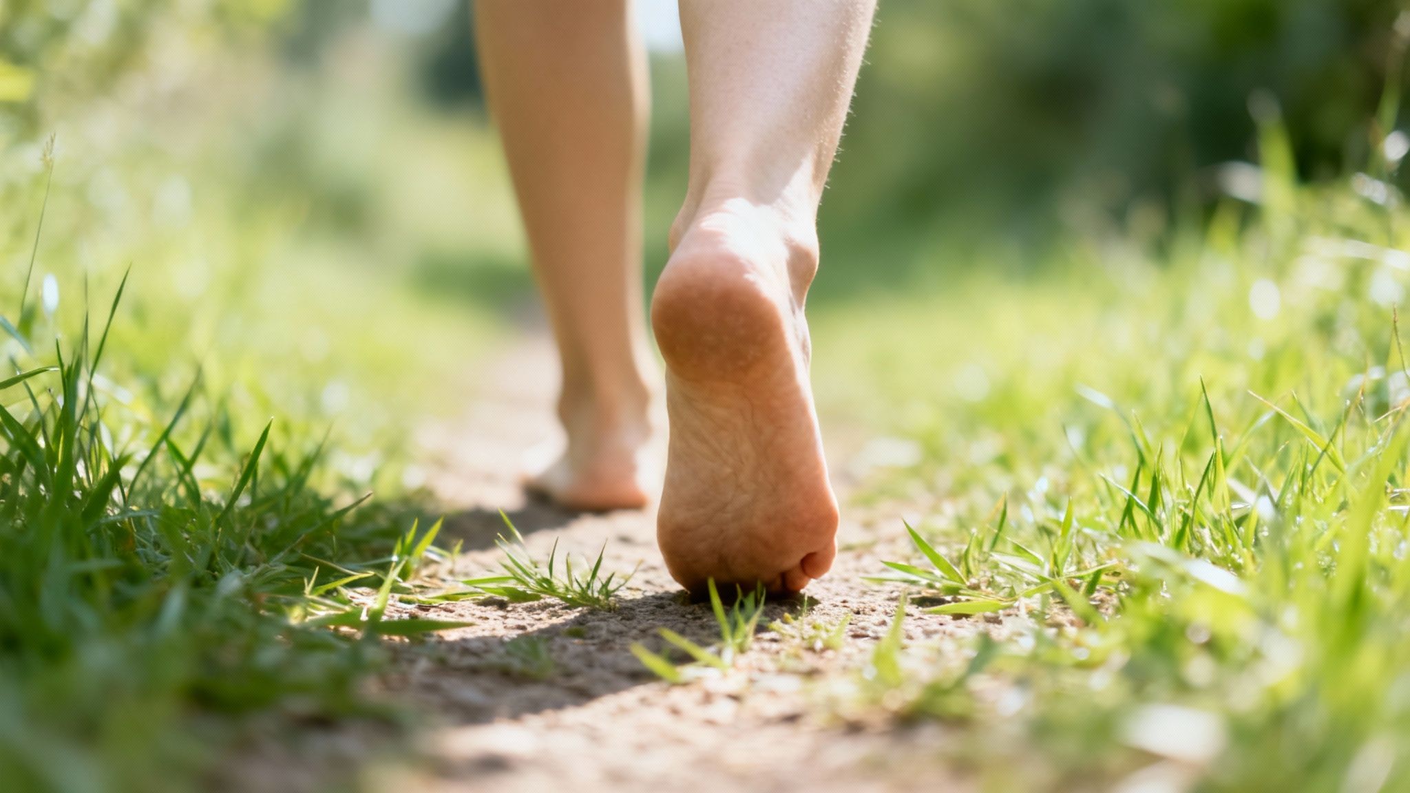 Pieds nus marchant sur un sentier de terre bordé d'herbe verte, symbolisant la connexion à la nature.