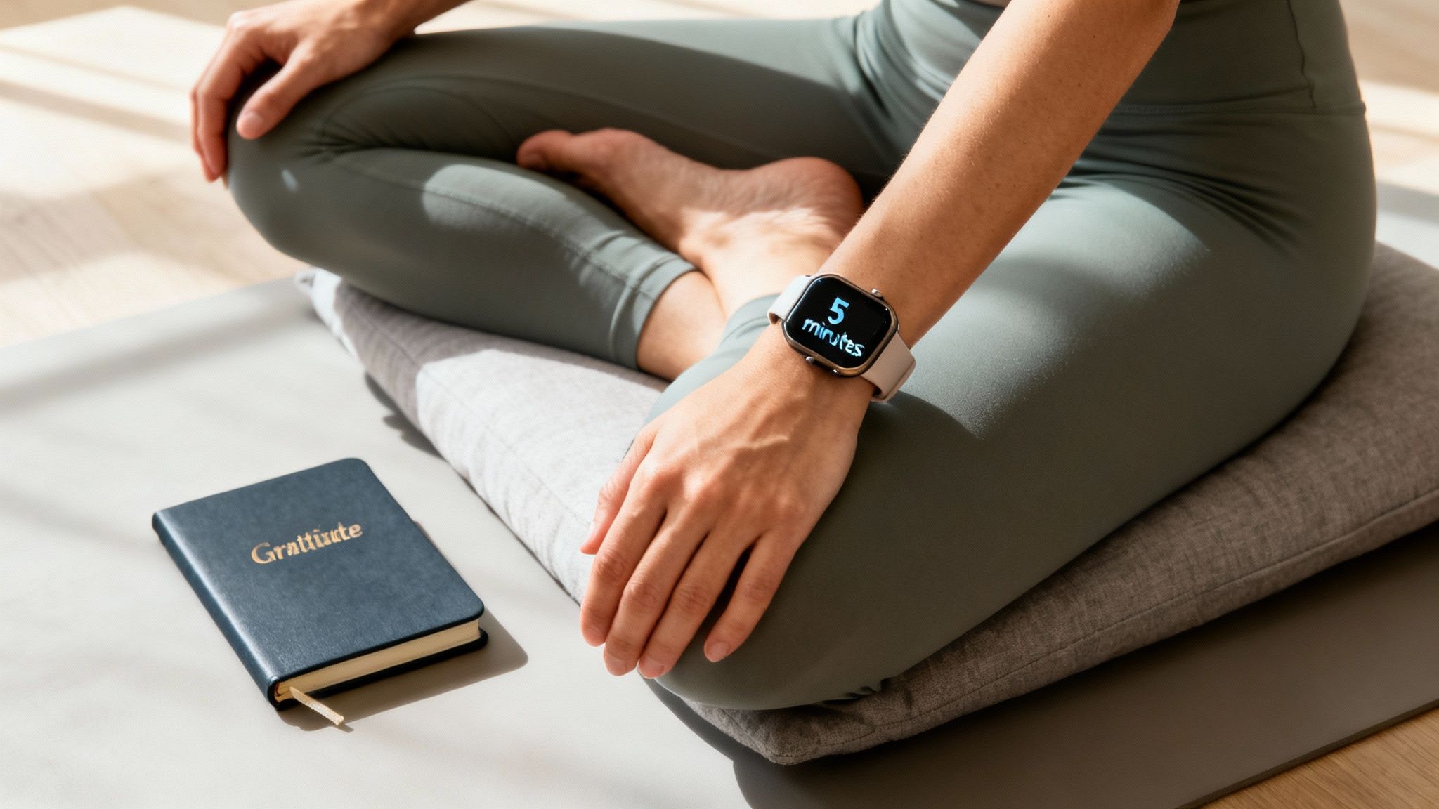 Une personne méditant en position du lotus, avec une montre connectée affichant '5 minutes' et un journal de gratitude.