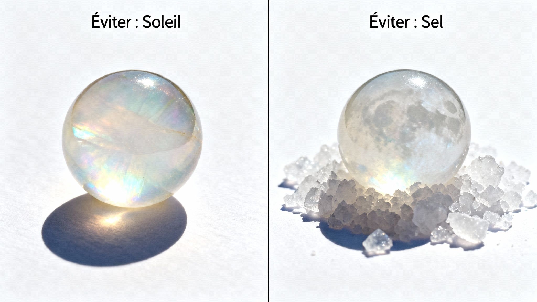 Deux pierres de lune illustrent ce qu'il faut éviter : le soleil direct et le sel pour leur protection.