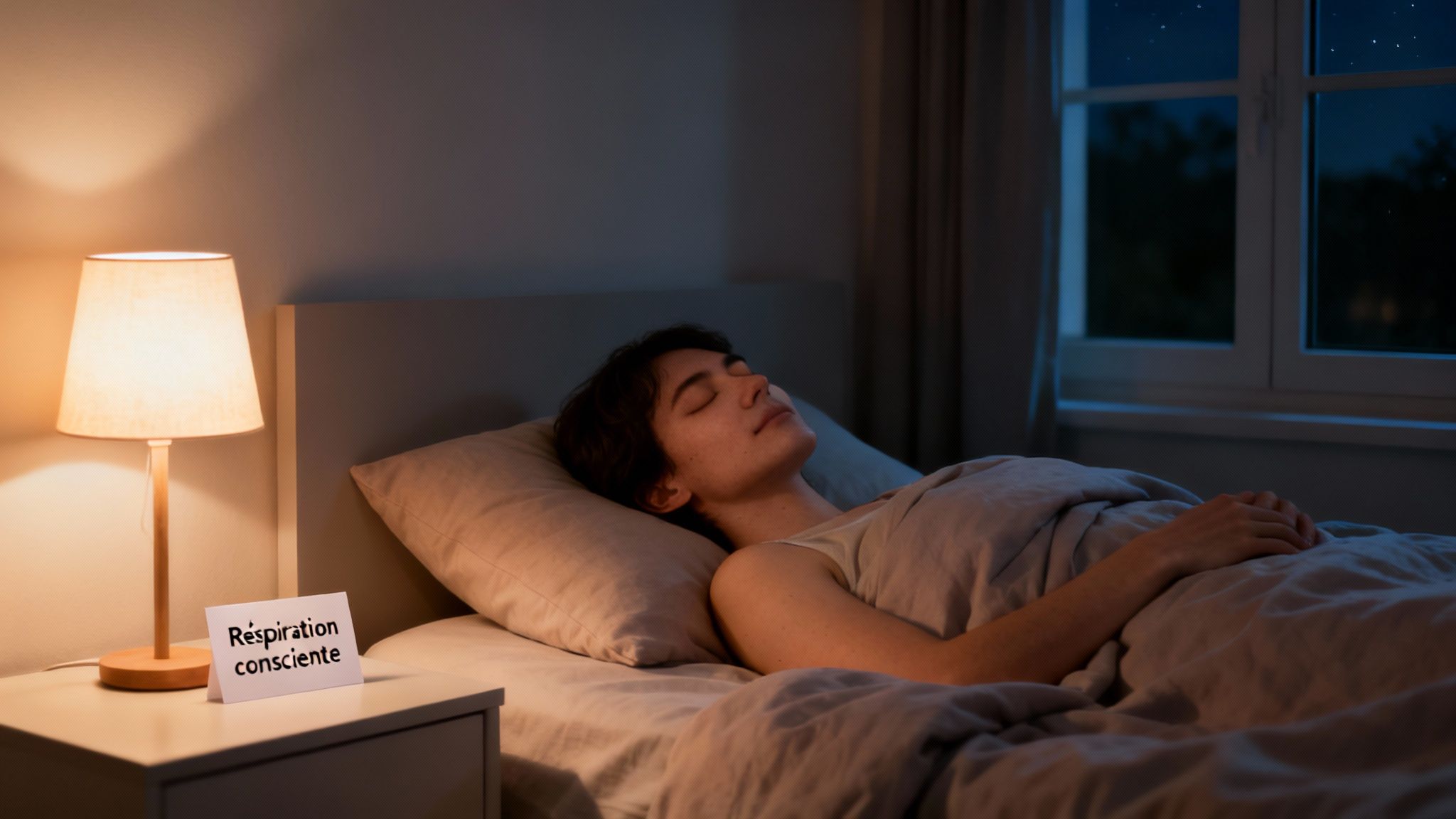 Une personne dort paisiblement dans son lit la nuit, avec une lampe de chevet et une note sur la "Respiration consciente".