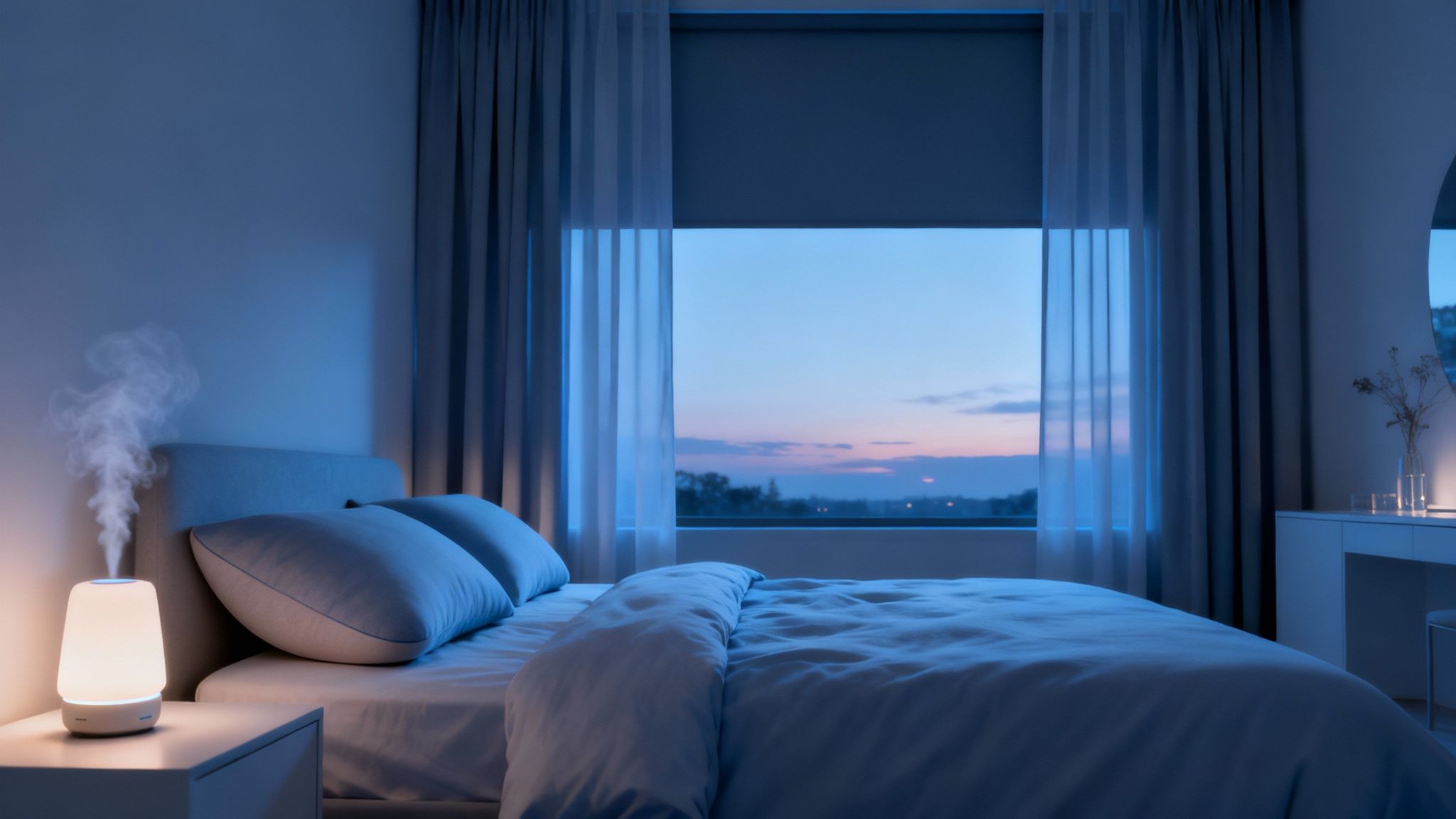 Une chambre à coucher sereine et bien rangée, avec une lumière tamisée et des éléments naturels.