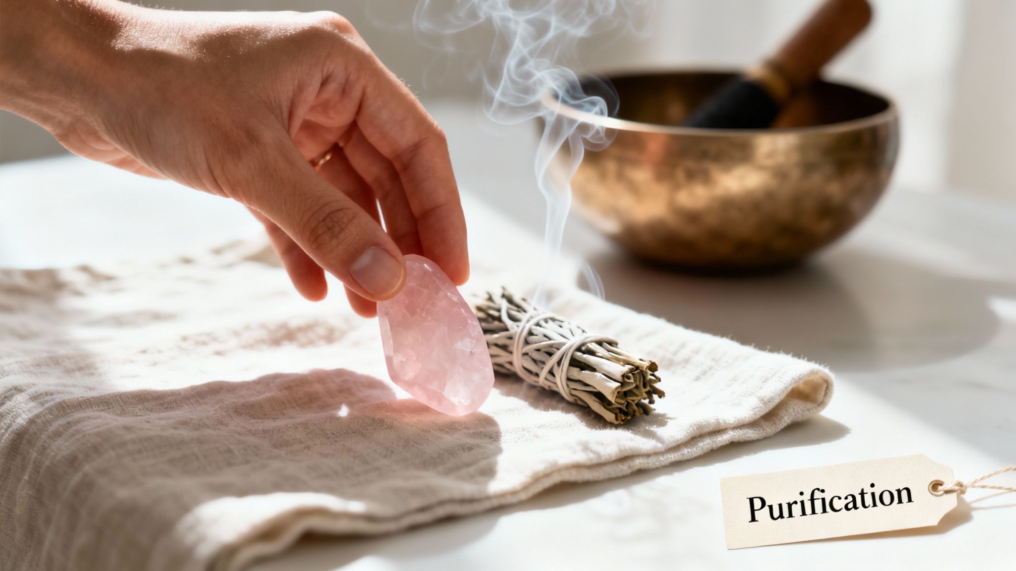 Main tenant un quartz rose près de la sauge fumante, avec un bol chantant en arrière-plan, symbolisant la purification et le bien-être.