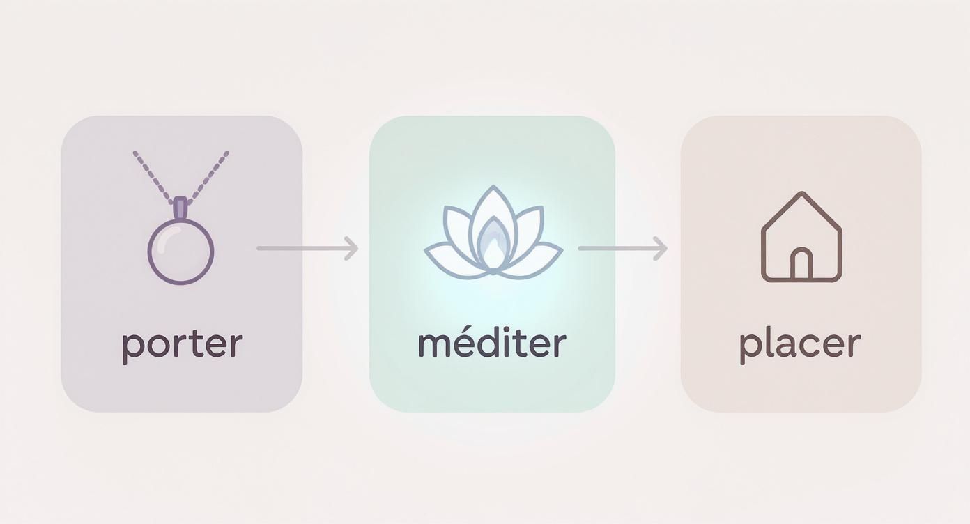 Séquence illustrée : porter un collier, méditer avec un lotus et placer un objet dans une maison.