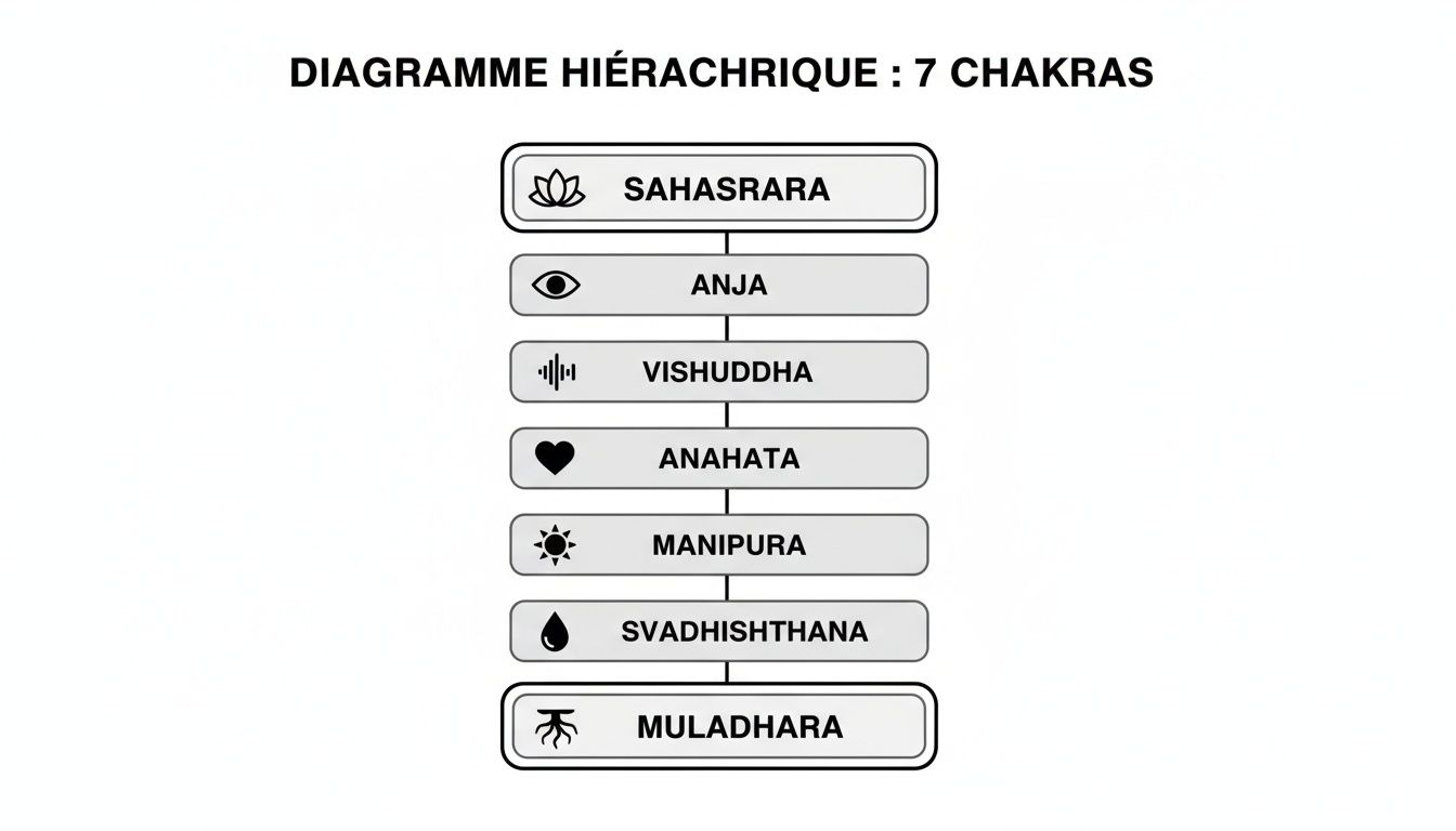 Diagramme hiérarchique présentant les 7 chakras, du Muladhara au Sahasrara, avec leurs noms et symboles associés.