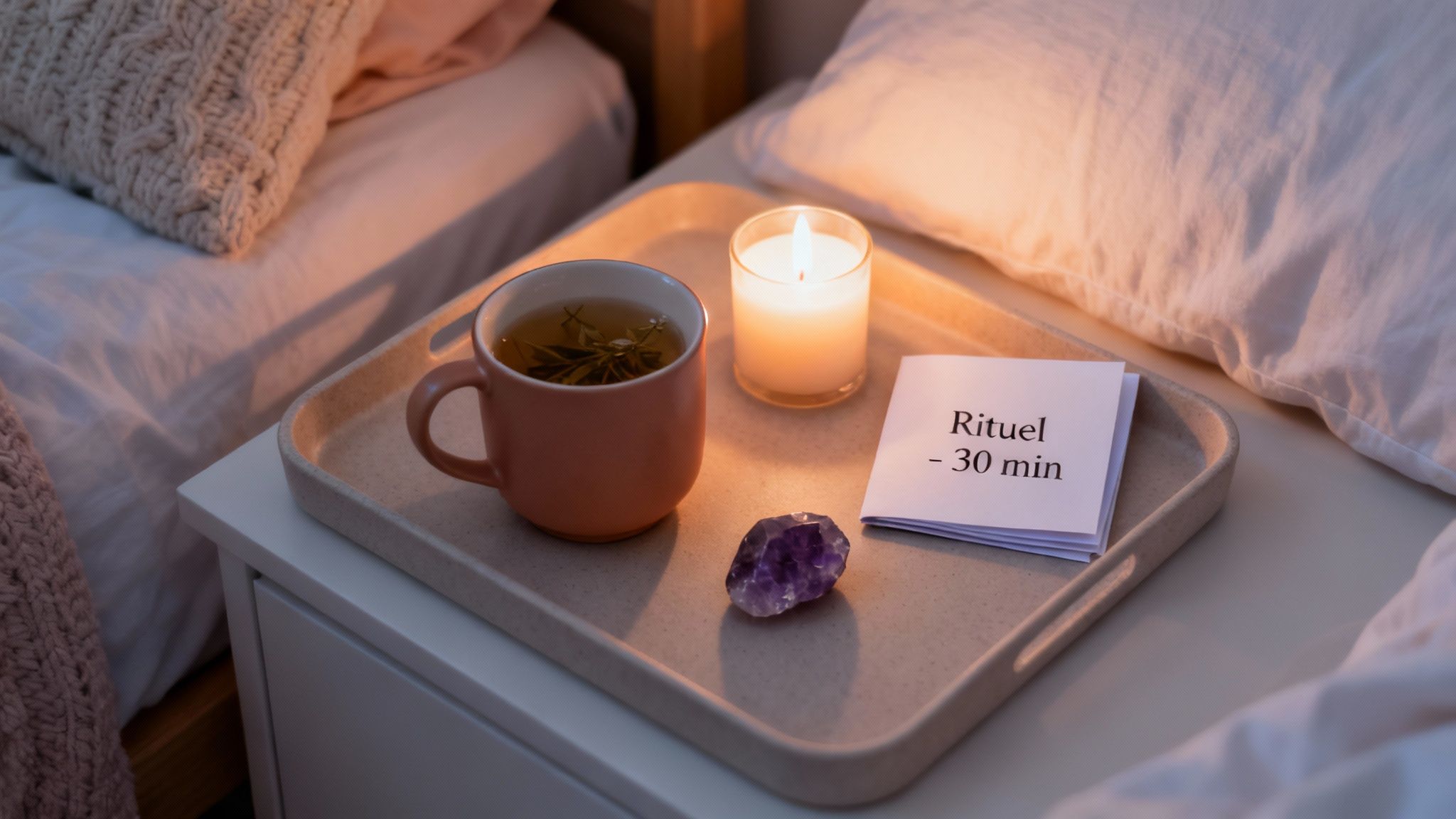 Une tasse de tisane, une bougie et un cristal sur une table de chevet, créant une ambiance relaxante et un rituel de sommeil.