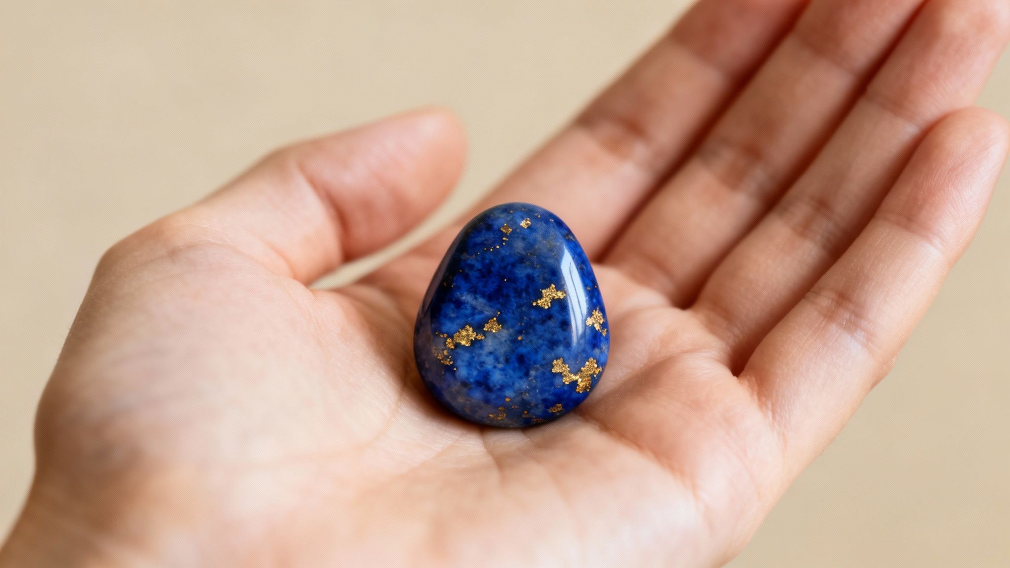 Une main tient une pierre de lapis-lazuli bleue polie en forme d'œuf avec des inclusions dorées.