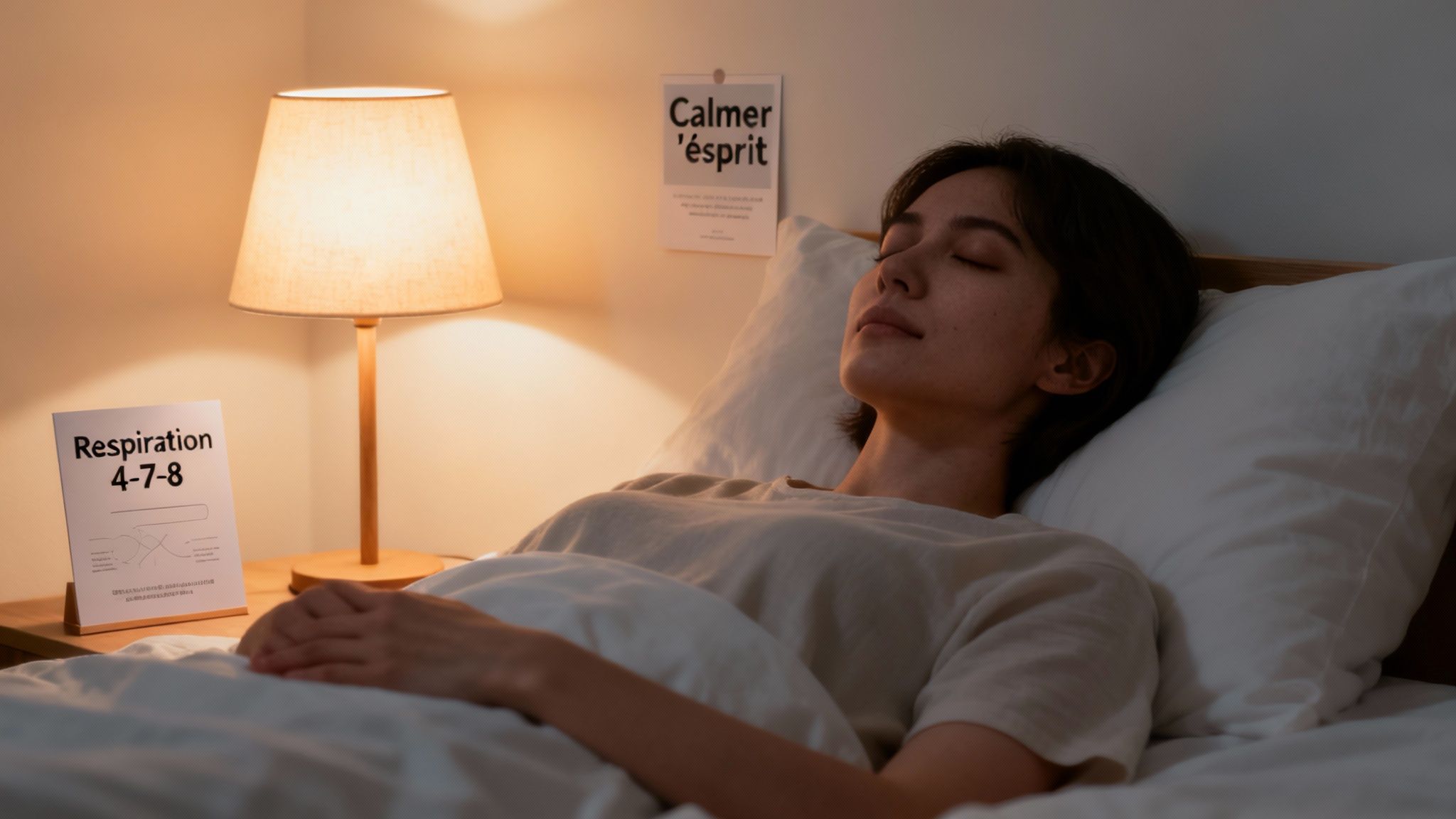 Une femme dort paisiblement dans son lit, une lampe de chevet éclaire la pièce, avec des notes sur la respiration 4-7-8.