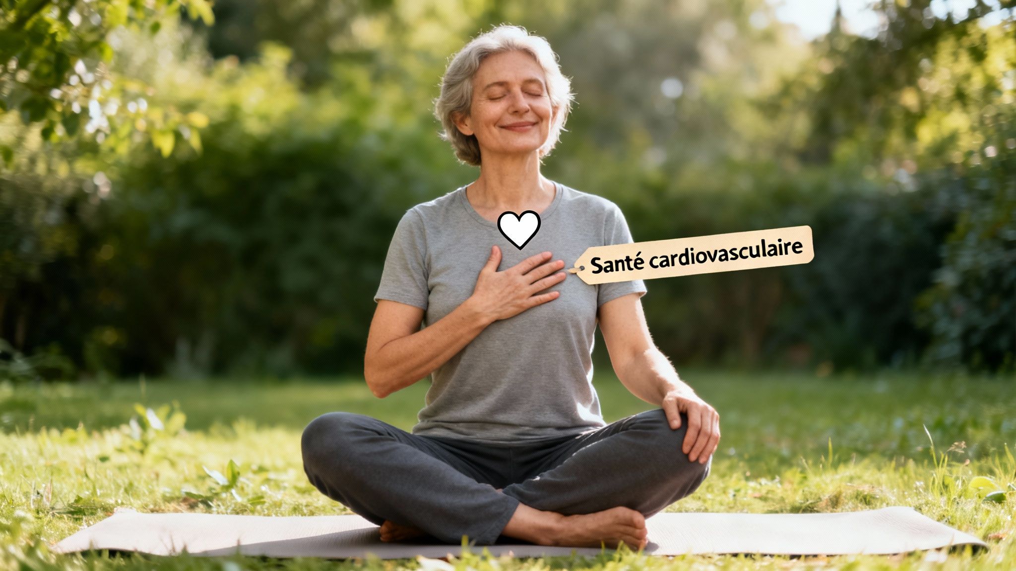 Femme âgée sereine méditant en plein air, symbolisant la santé cardiovasculaire et le bien-être.