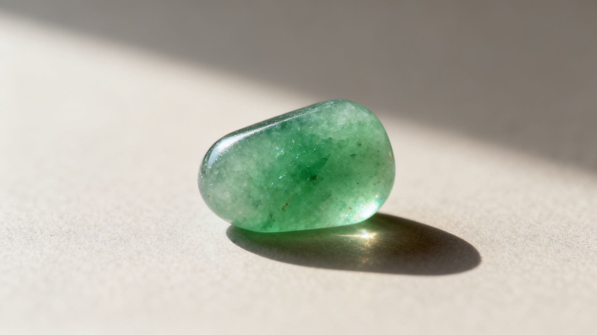 Une pierre d'aventurine verte polie et brillante, posée sur une surface claire, avec une ombre marquée.