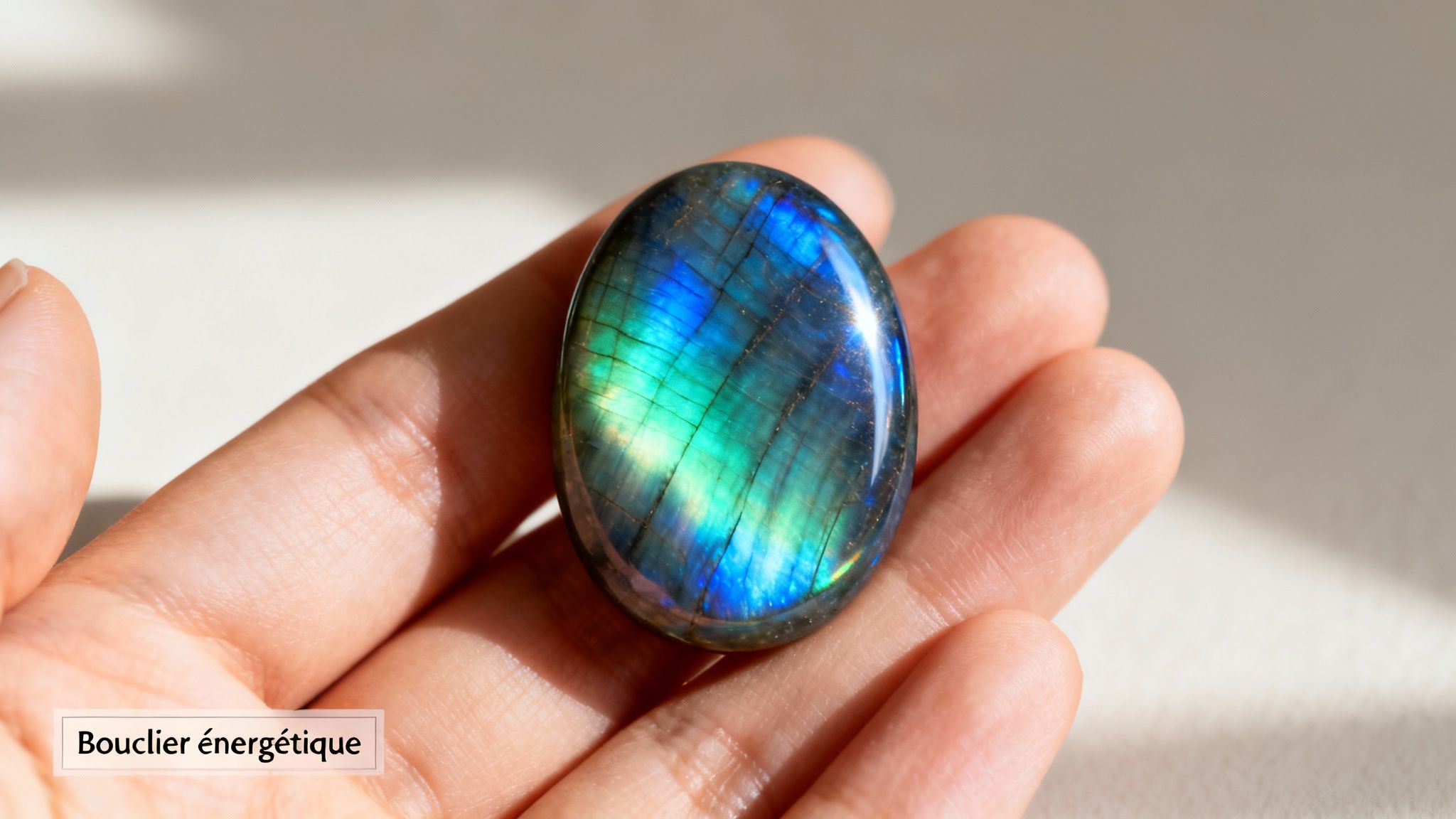 Pierre de labradorite ovale aux reflets bleus et verts intenses, tenue dans une main, étiquetée "Bouclier énergétique".