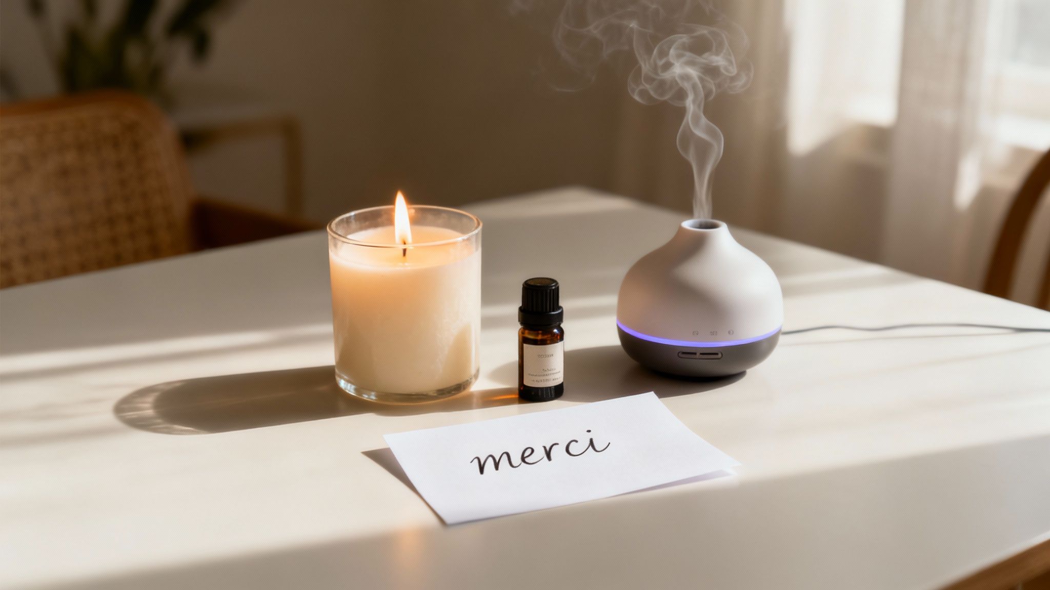Une bougie allumée et un flacon d'huile essentielle posés sur une table en bois, créant une ambiance calme et sereine.