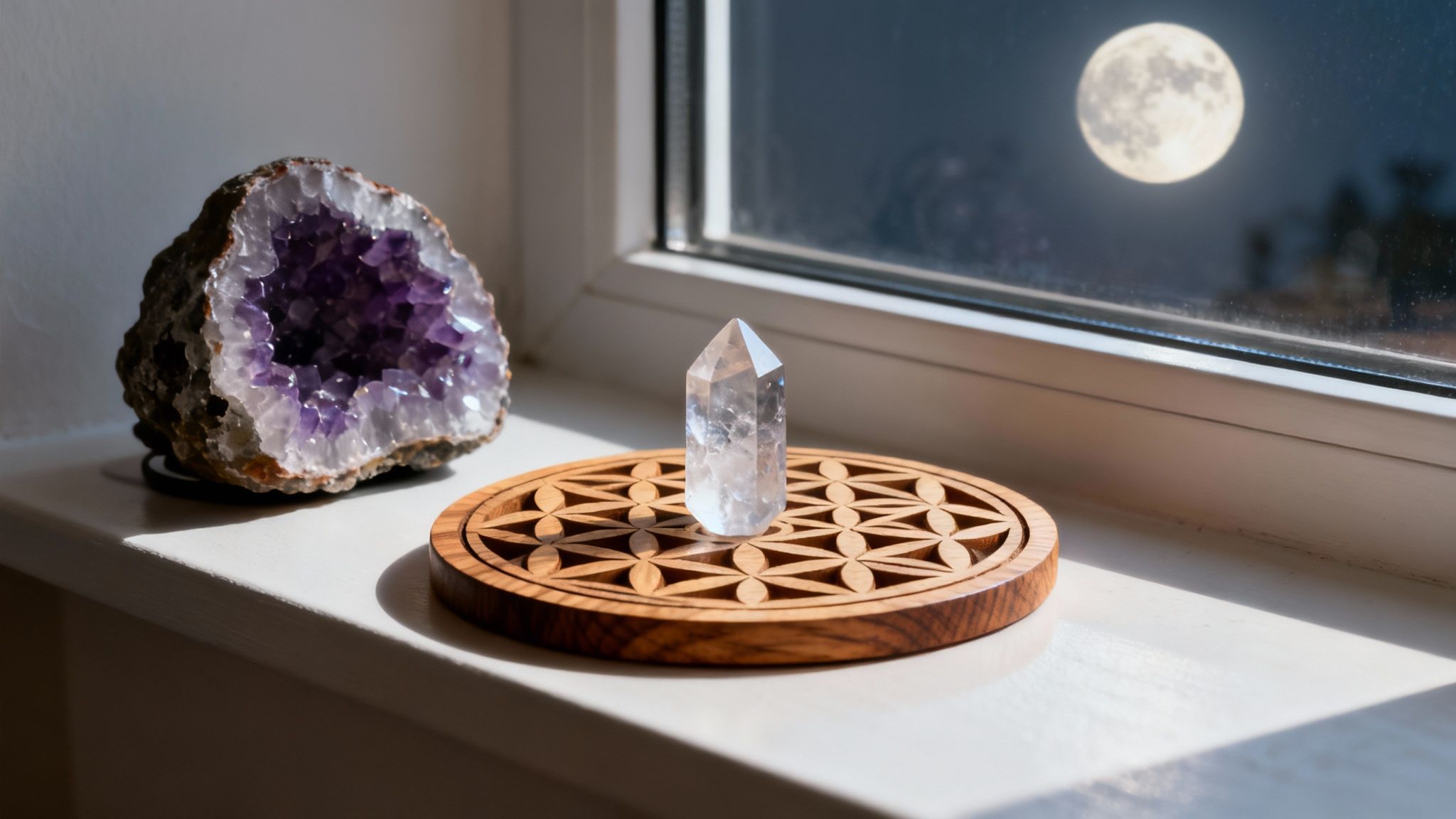 Une sélection de pierres naturelles rechargeant sous la lumière de la lune.