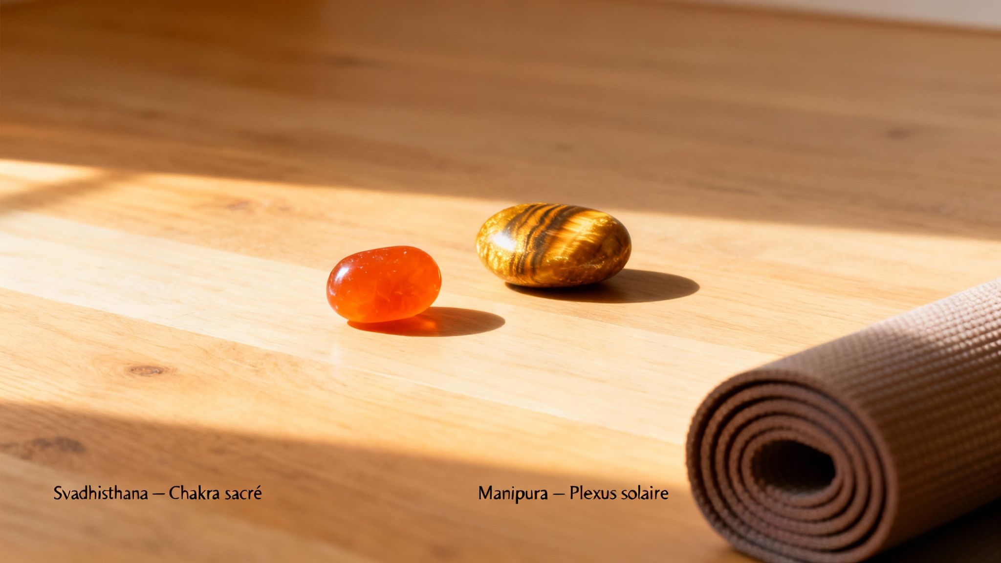 Deux pierres polies (cornaline et œil de tigre) représentant les chakras sacré et plexus solaire, avec un tapis de yoga sur bois.