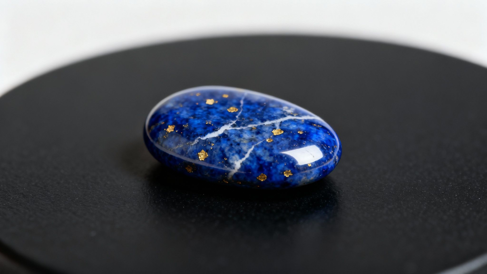 Un cabochon de lapis-lazuli bleu éclatant, orné de pyrite dorée et de veines claires, posé sur une surface noire.