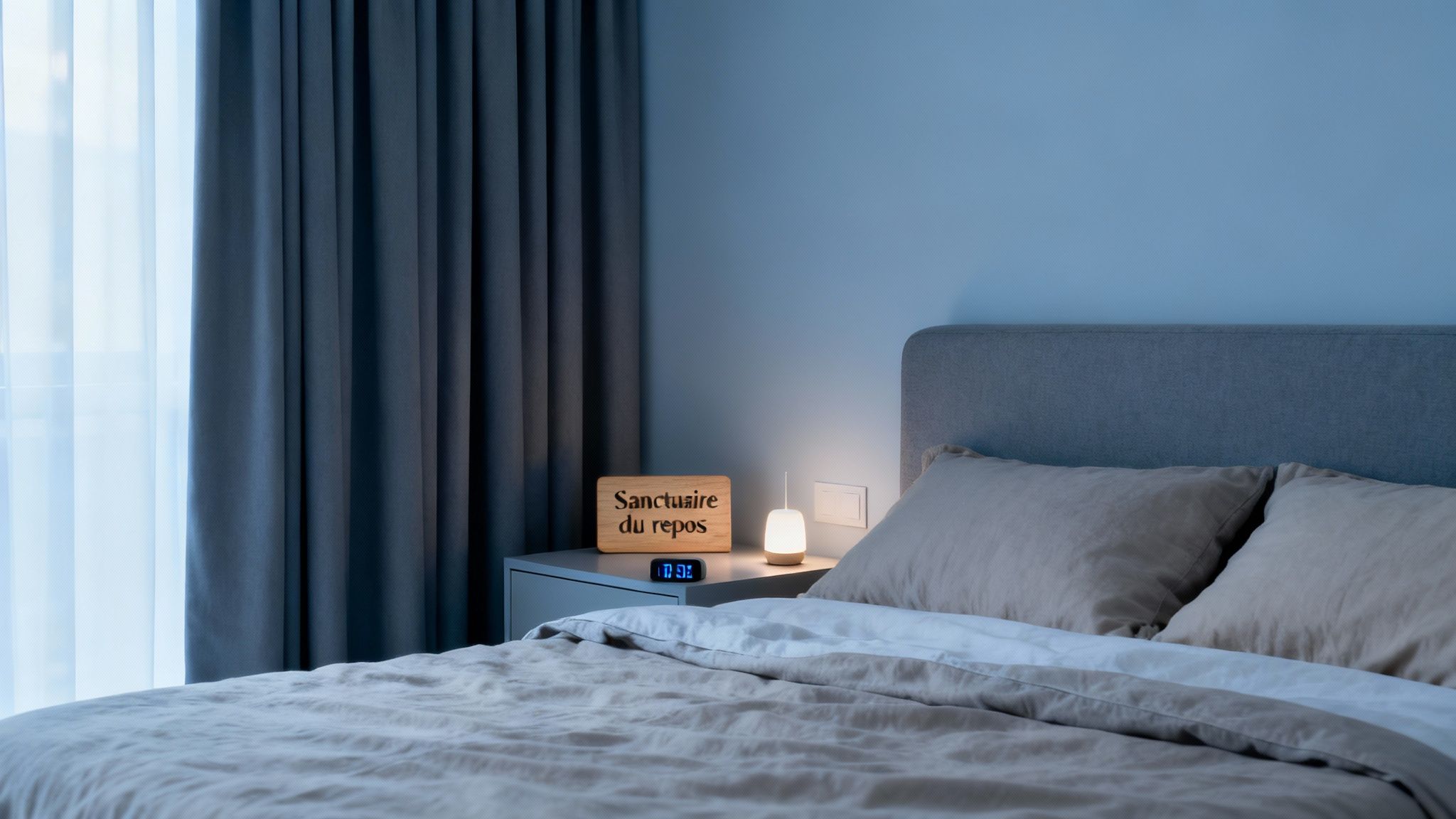 Chambre à coucher apaisante avec lit, table de chevet, lampe allumée et rideaux bleus foncés.