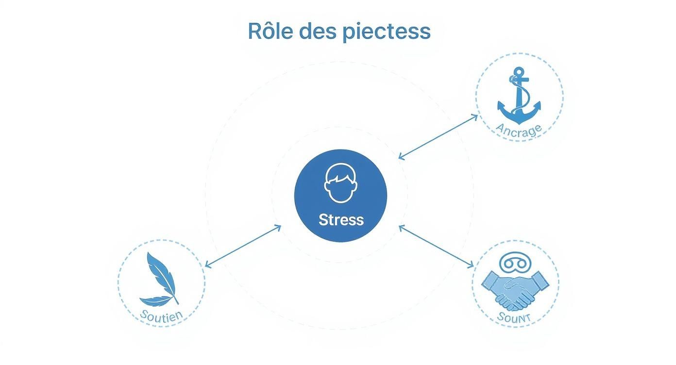 Diagramme illustrant le rôle de l'ancrage, du soutien et d'un élément nommé 'Sount' dans la gestion du stress.