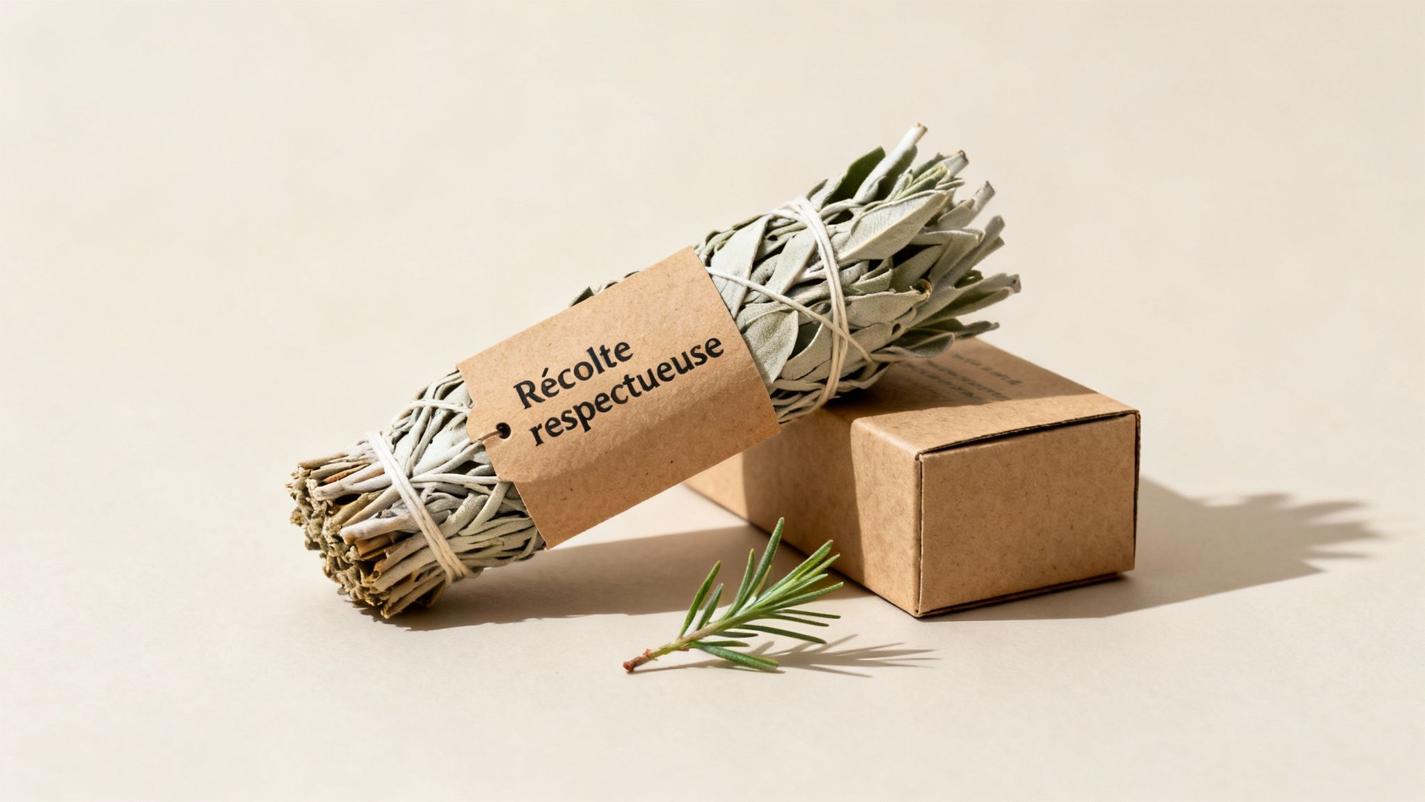 Un bâton de sauge blanche avec étiquette "Récolte respectueuse", une boîte en carton et une branche de romarin.