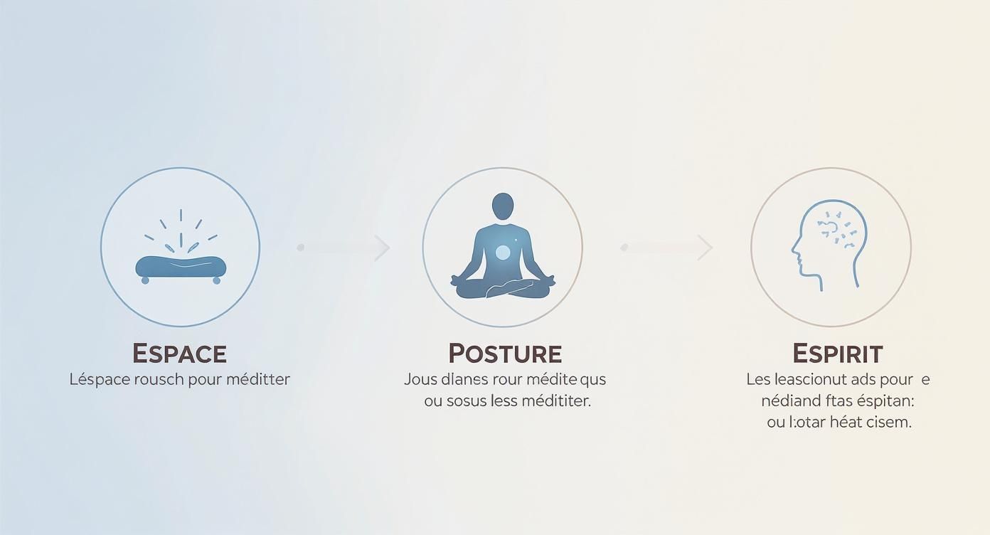Infographie illustrant les 3 étapes pour méditer : choisir un espace calme, adopter une bonne posture et apaiser l'esprit.