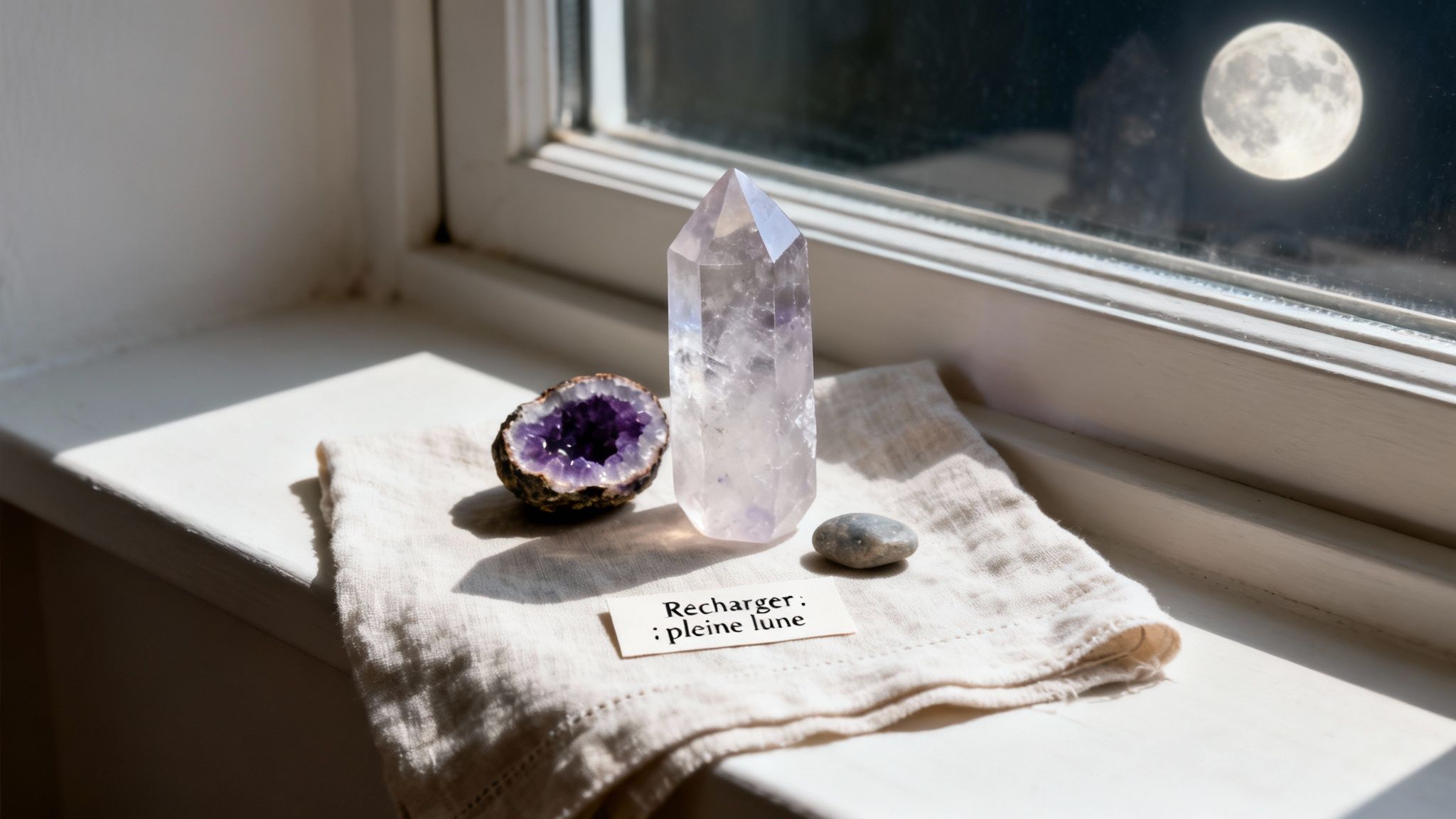 Cristaux d'améthyste et galets sur un rebord de fenêtre, avec la pleine lune visible à l'extérieur.