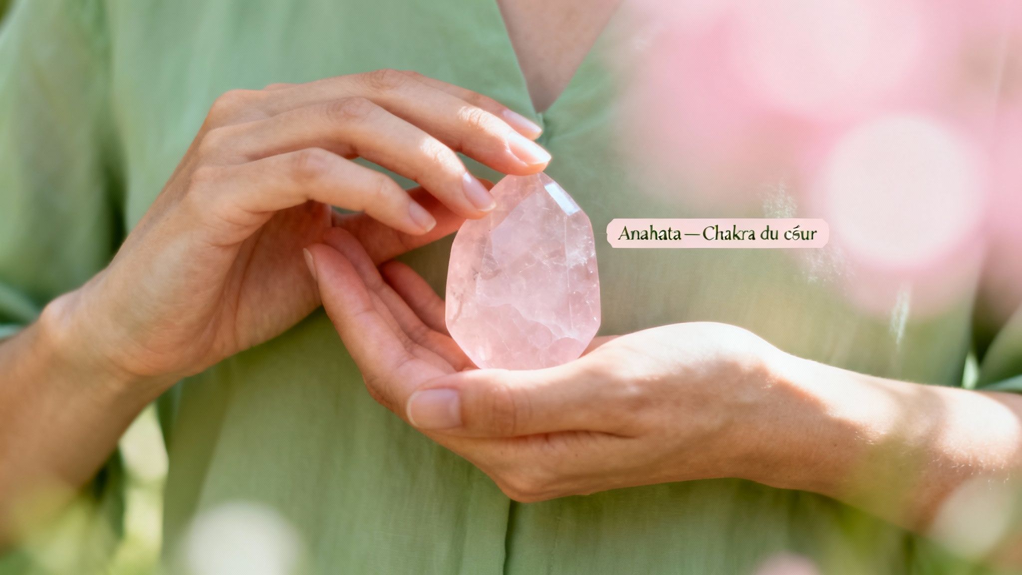 Une personne tient un cristal de quartz rose, représentant le chakra du cœur Anahata.