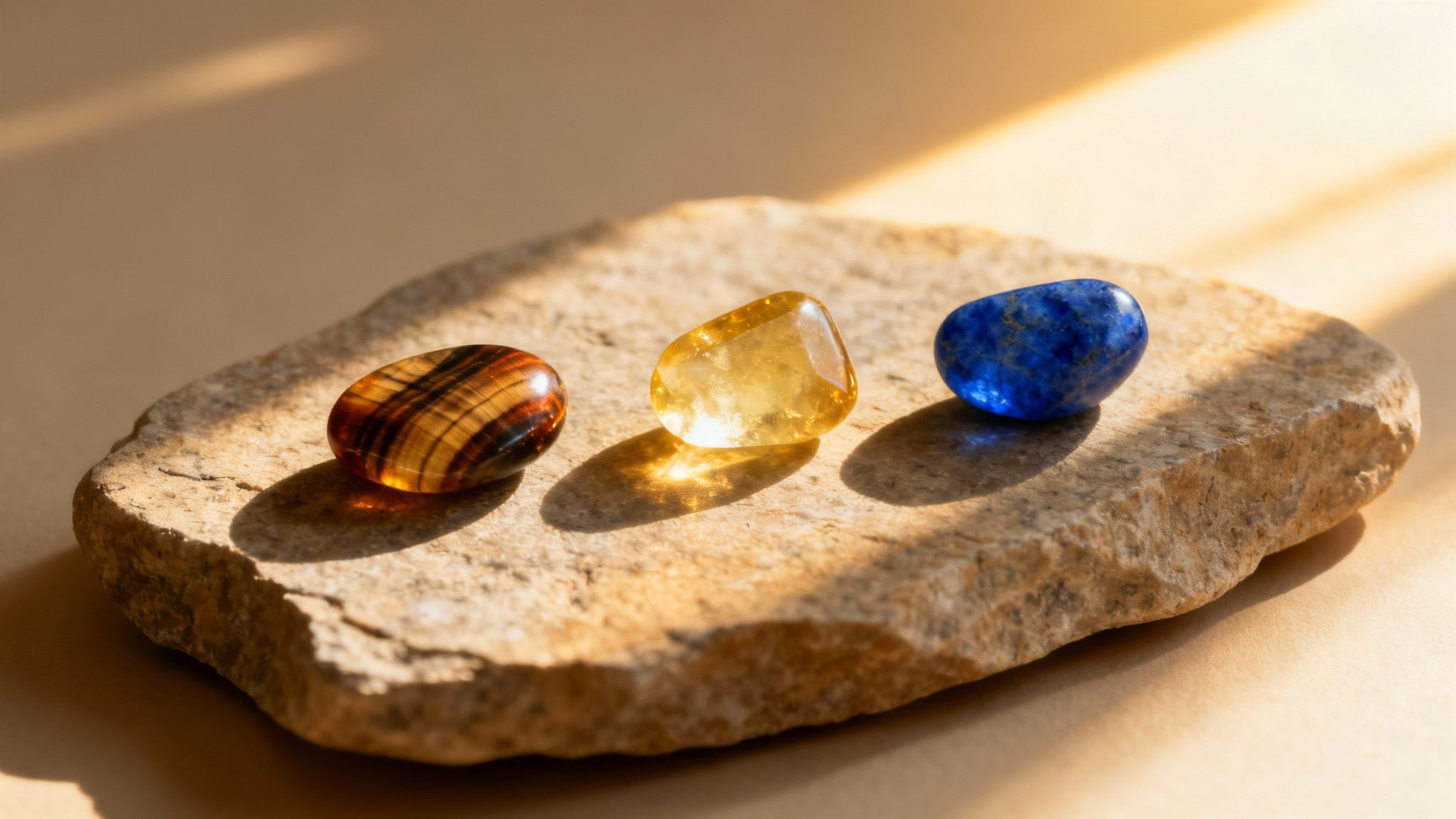Trois pierres naturelles polies (œil de tigre, citrine, lapis-lazuli) sur une roche, éclairées par la lumière du soleil.