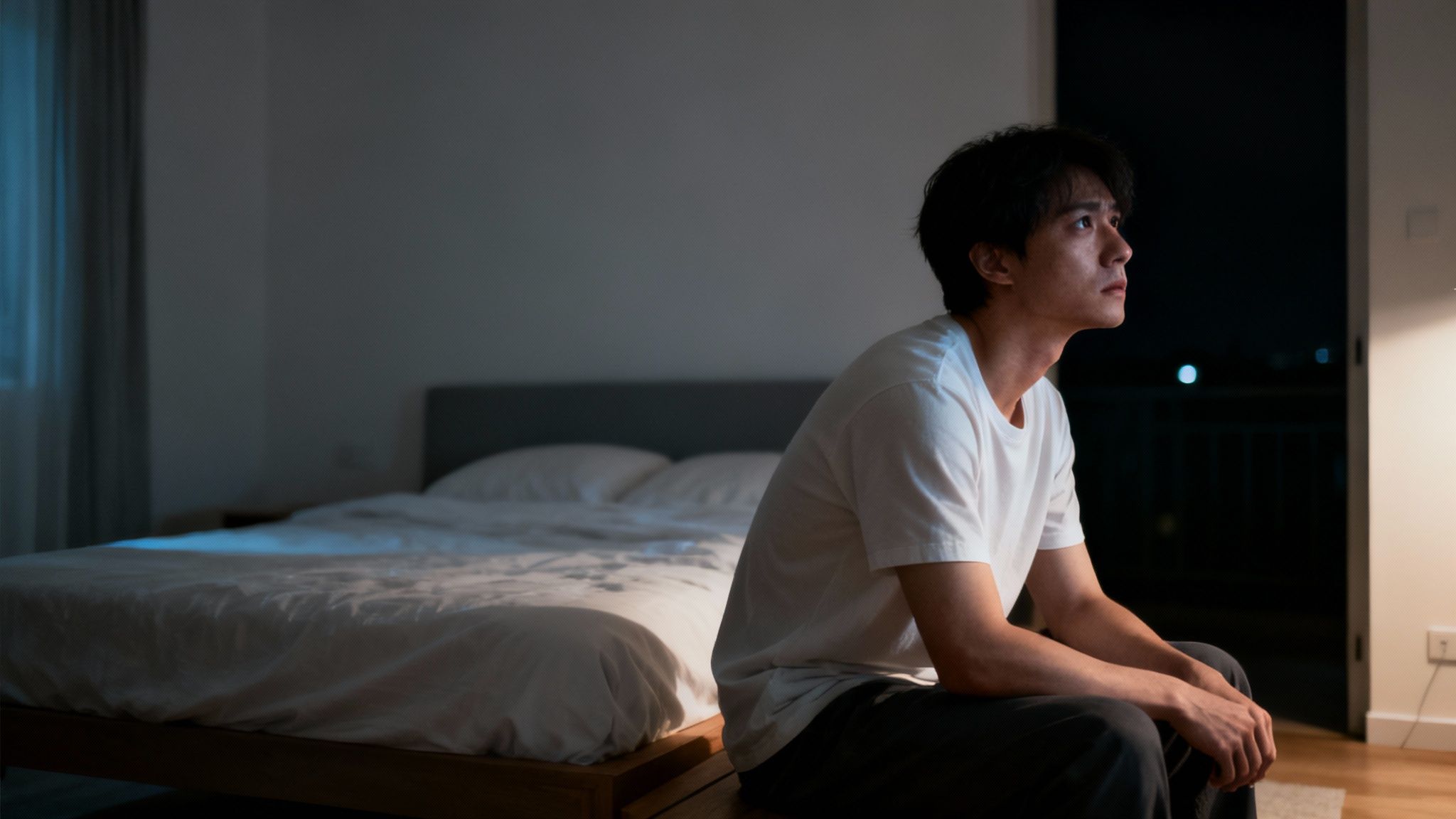 Jeune homme assis sur son lit dans une chambre sombre, semblant stressé et incapable de dormir