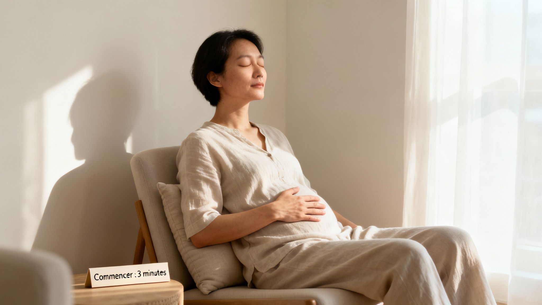 Une femme enceinte asiatique médite assise dans un fauteuil, les yeux fermés et la main sur son ventre.