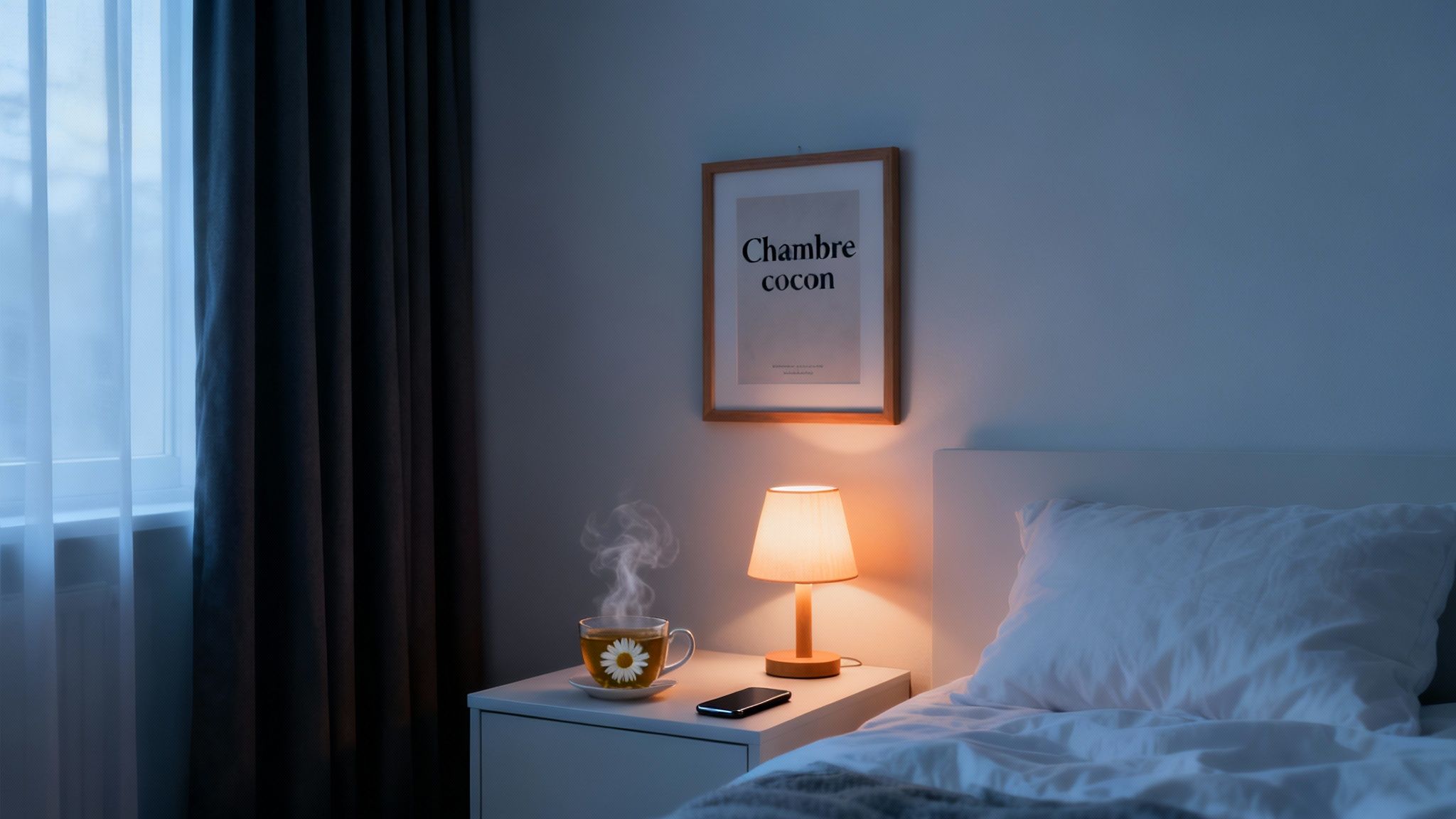 Chambre à coucher douillette la nuit avec une tasse de tisane chaude, une lampe allumée et un lit confortable.