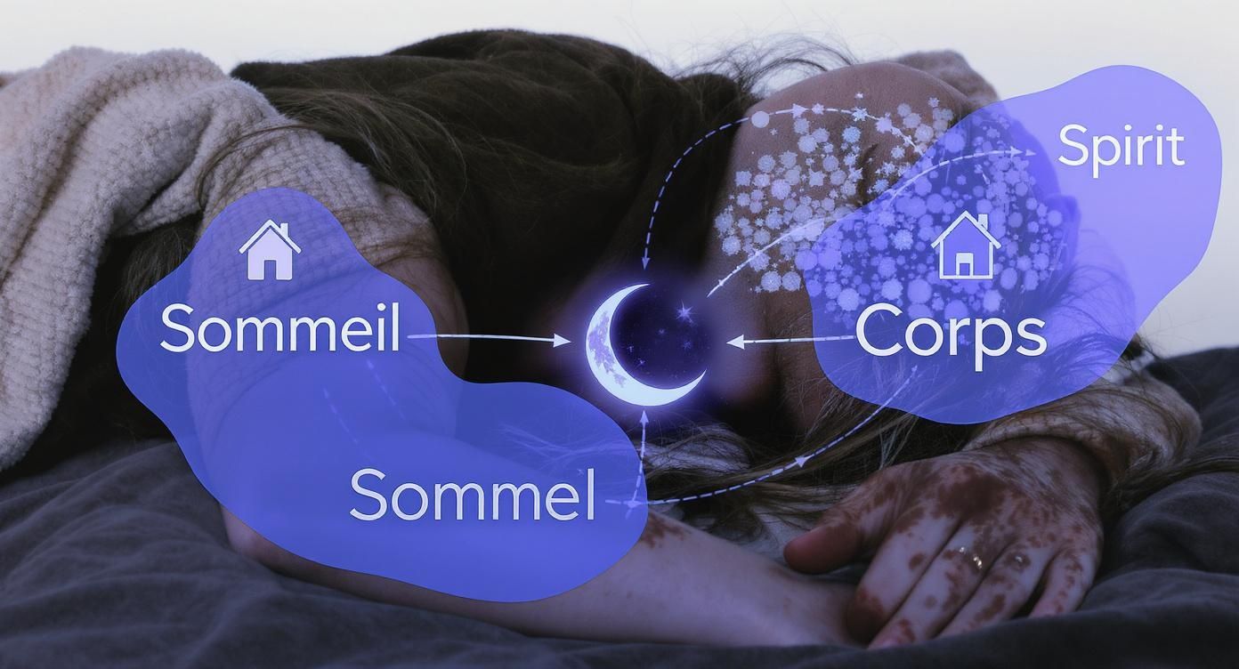 Personne endormie illustrant la connexion Sommeil, Corps et Esprit, symbolisée par une lune et des flèches.