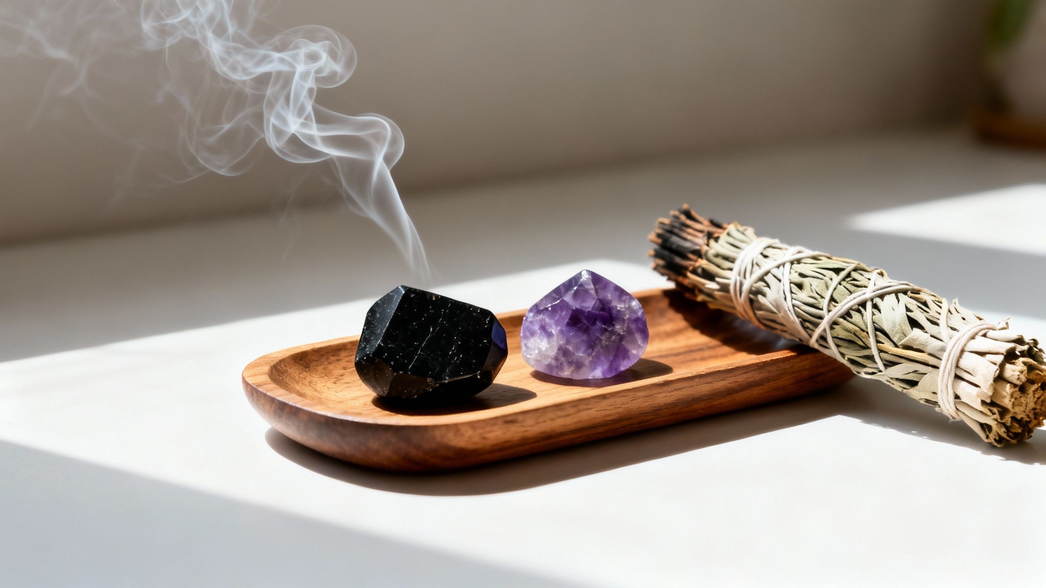 De la fumée s'échappe d'un bâton de sauge près de cristaux d'améthyste et de tourmaline noire sur un plateau en bois.