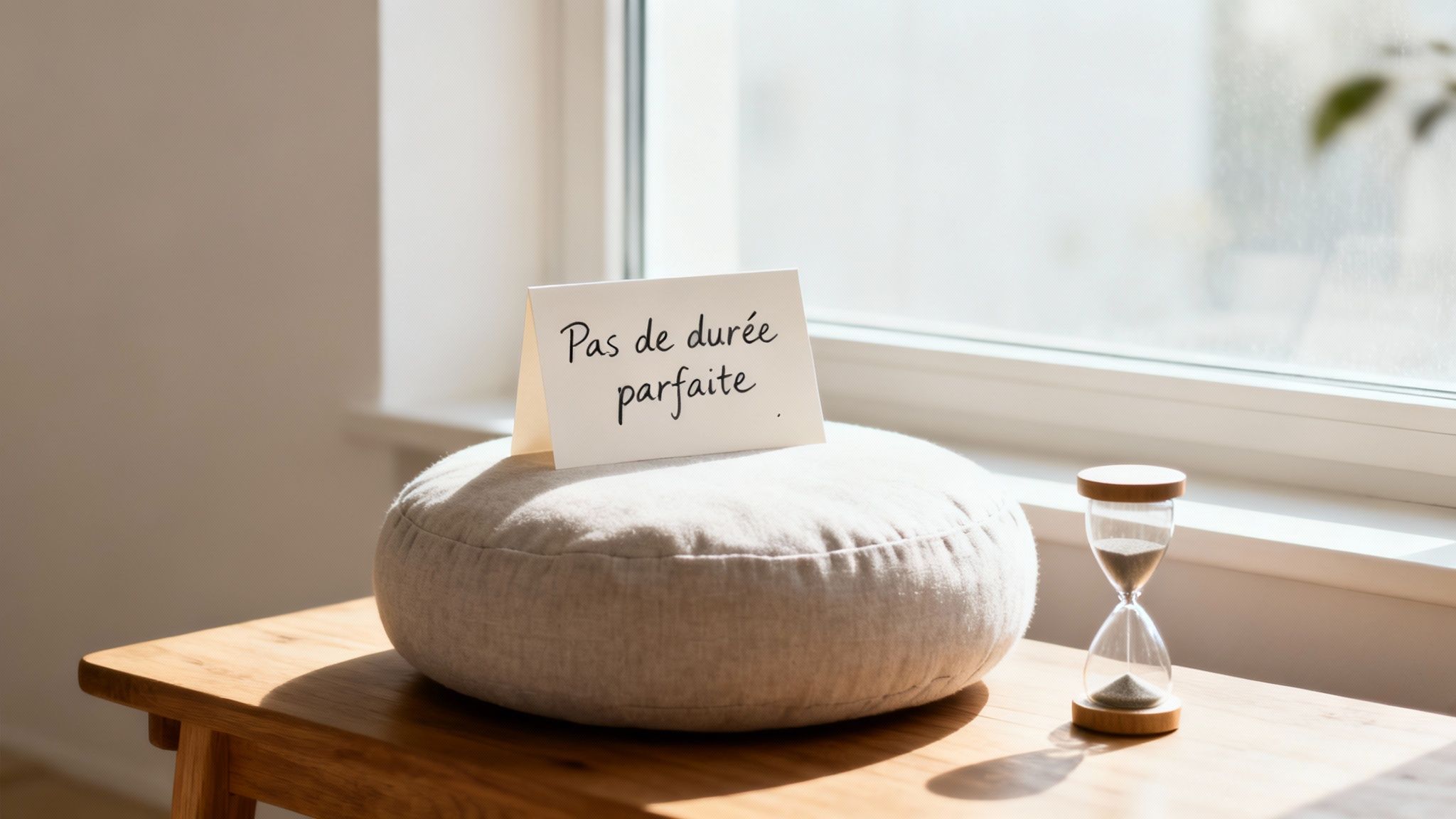 Une note manuscrite « Pas de durée parfaite » sur un coussin de méditation, avec un sablier et une lumière du soleil.