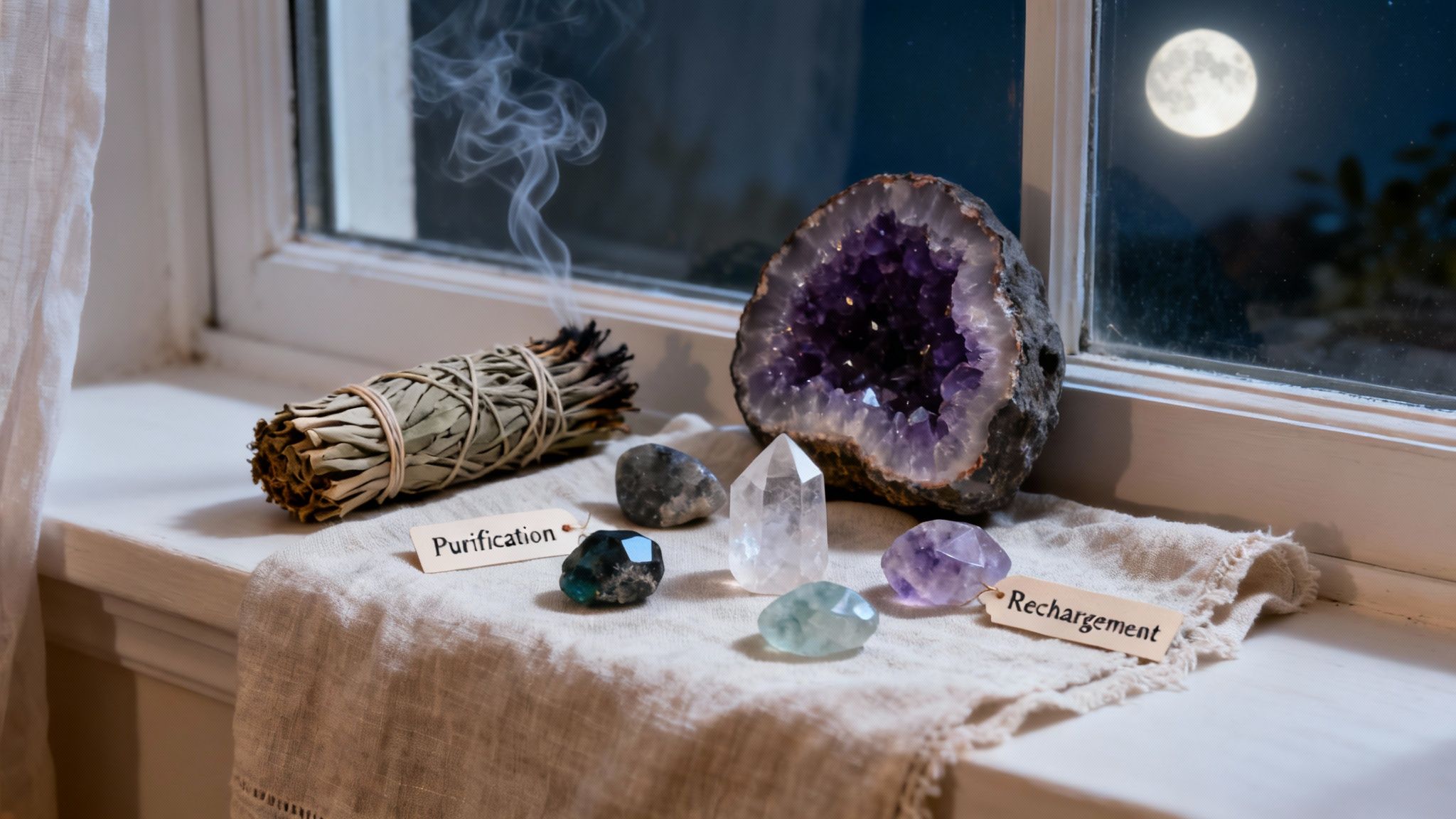 Fenêtre de nuit avec pleine lune, sauge fumante, géode d'améthyste et cristaux pour purification et rechargement.