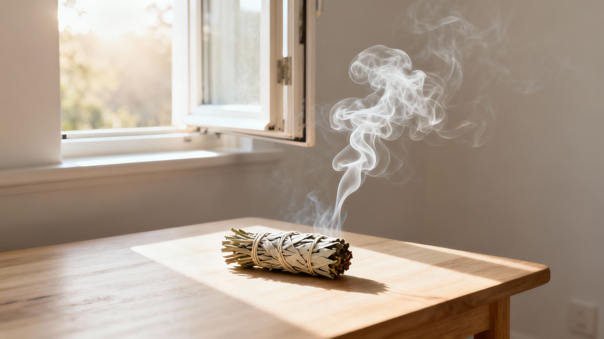 Un bâton de sauge blanche allumé, produisant une fumée dense et aromatique, tenu au-dessus d'une coquille d'ormeau.