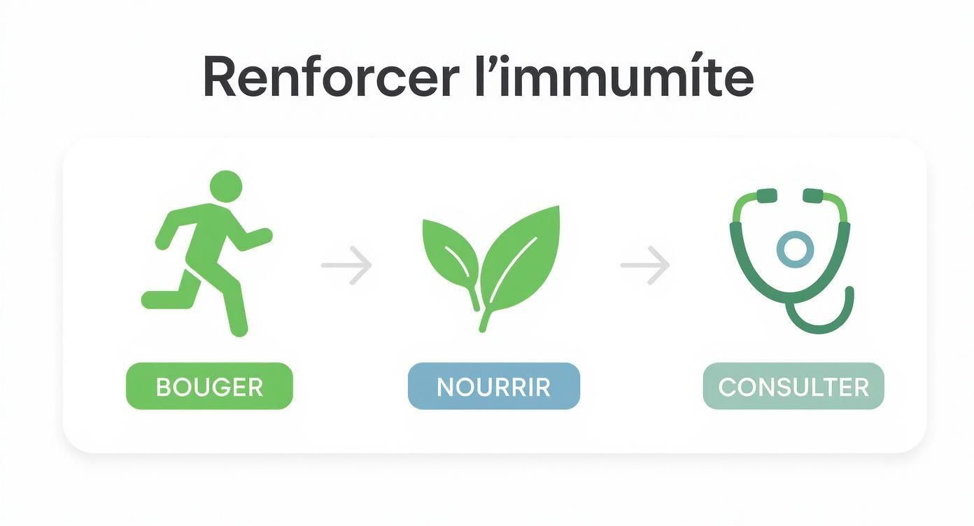 Infographie montrant trois étapes pour renforcer l'immunité : bouger, nourrir et consulter un professionnel de santé