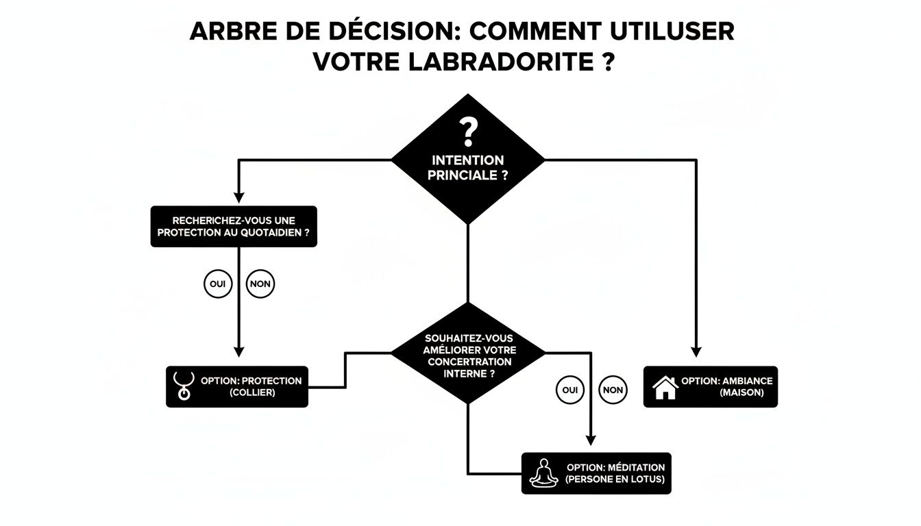 Arbre de décision pour l'utilisation de la labradorite selon l'intention principale : protection, concentration ou ambiance.