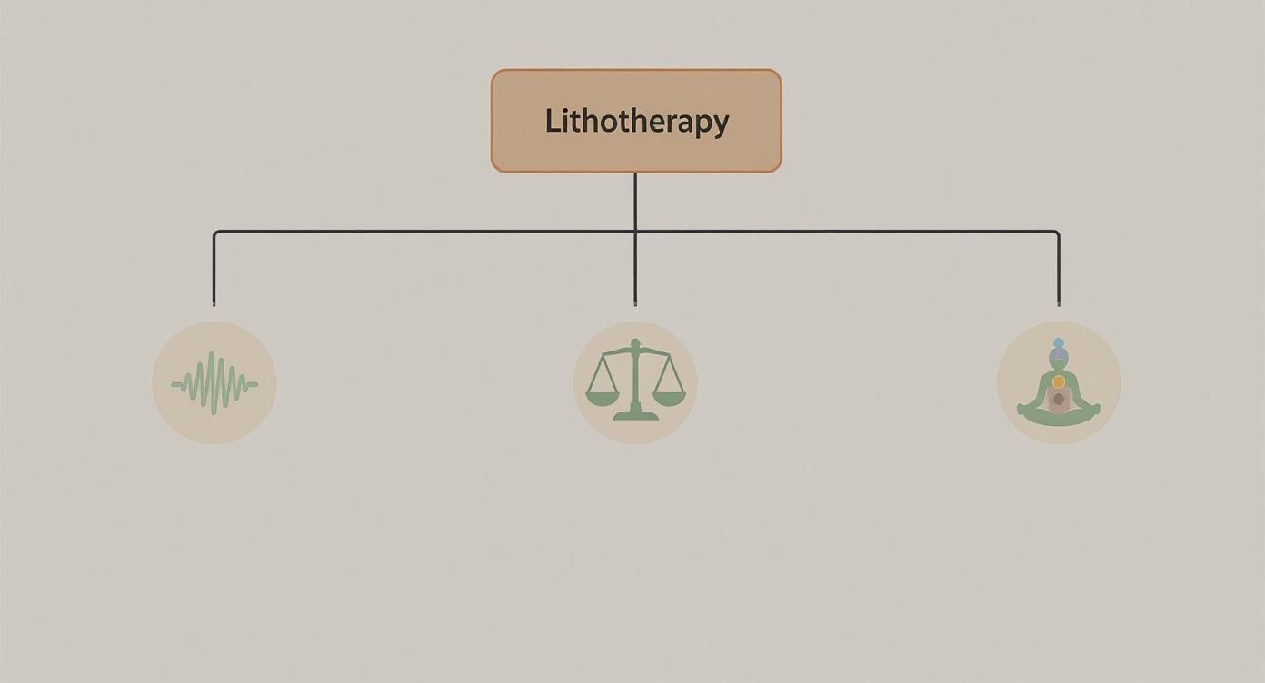 Diagramme de lithothérapie montrant ses trois aspects : ondes vibratoires, équilibre et bien-être des chakras.