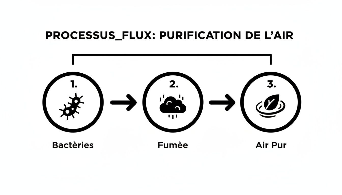 Un diagramme de flux illustrant le processus de purification de l'air, passant des bactéries et de la fumée à l'air pur.