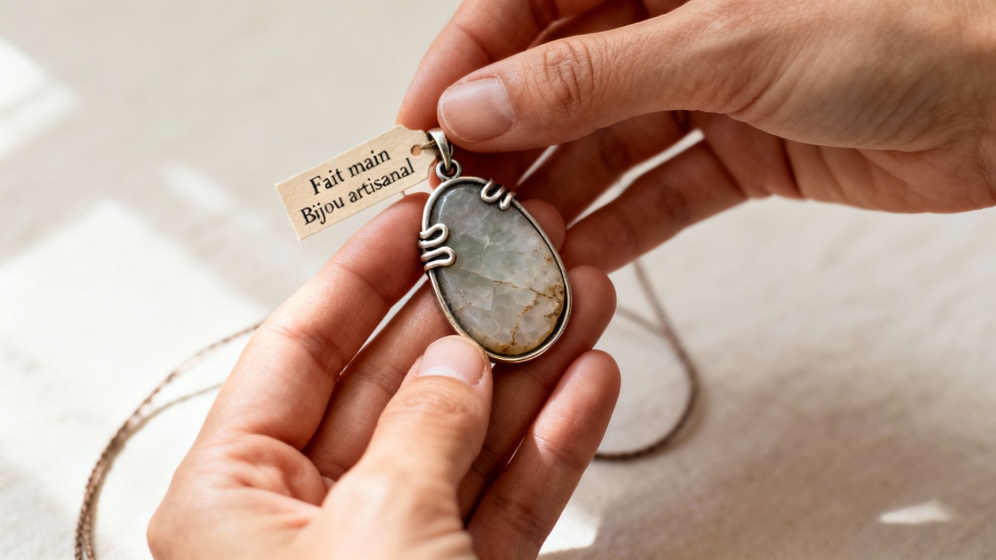 Mains tenant un pendentif en pierre naturelle ovale encadré d'argent, avec une étiquette 'Fait main Bijou artisanal'.