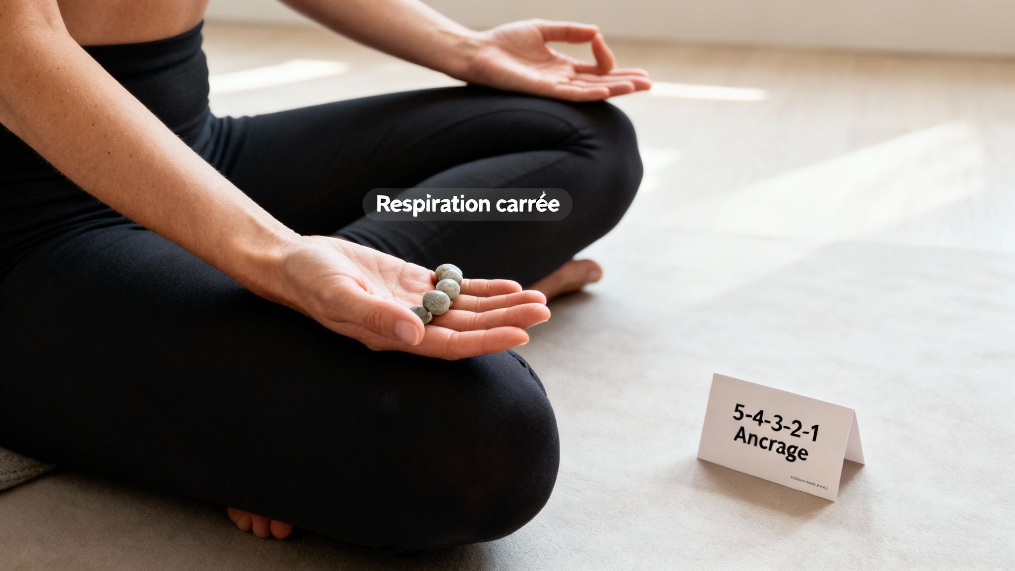 Personne en position de méditation tenant un mala, avec des textes sur la respiration carrée et l'ancrage.