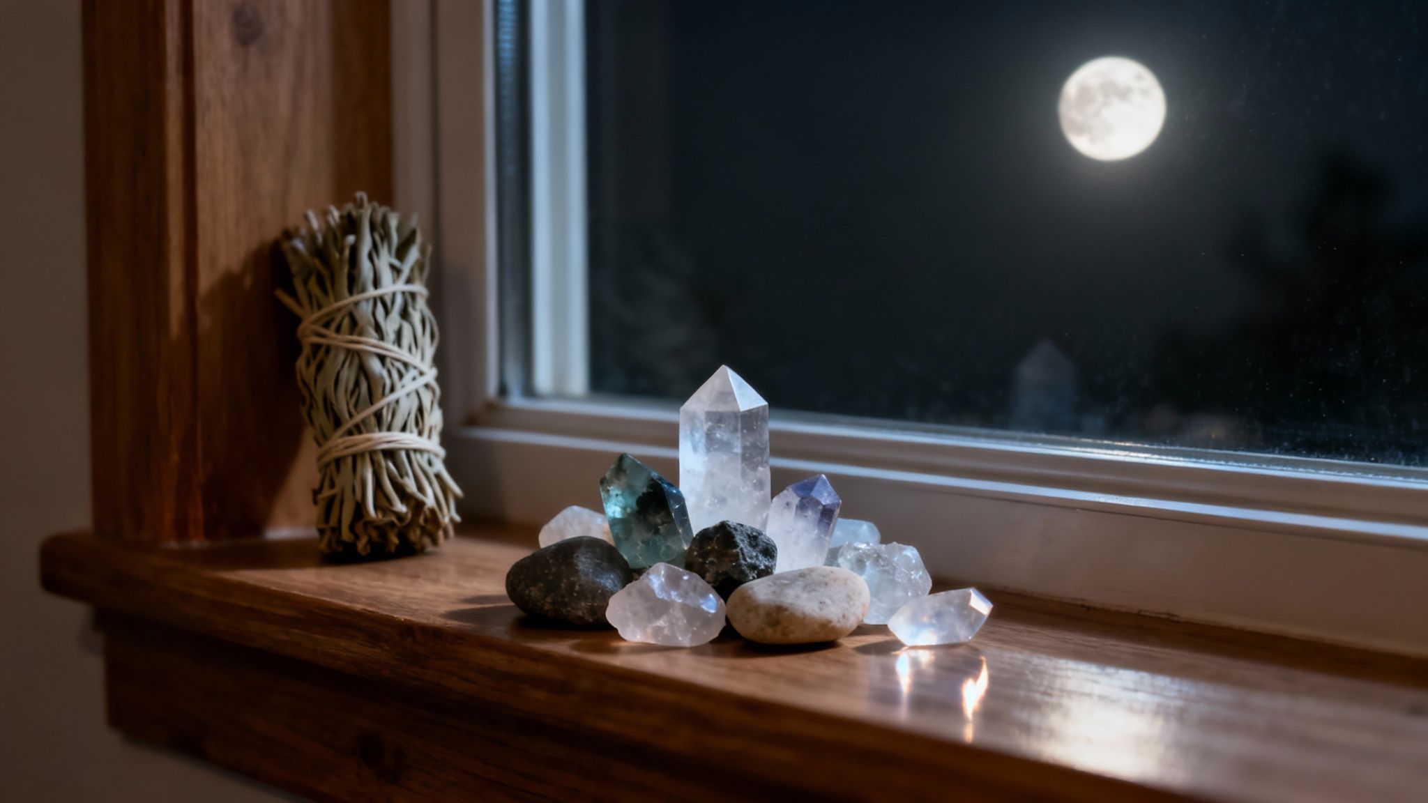 Sauge et cristaux variés sur un rebord de fenêtre en bois la nuit, sous le clair de lune.