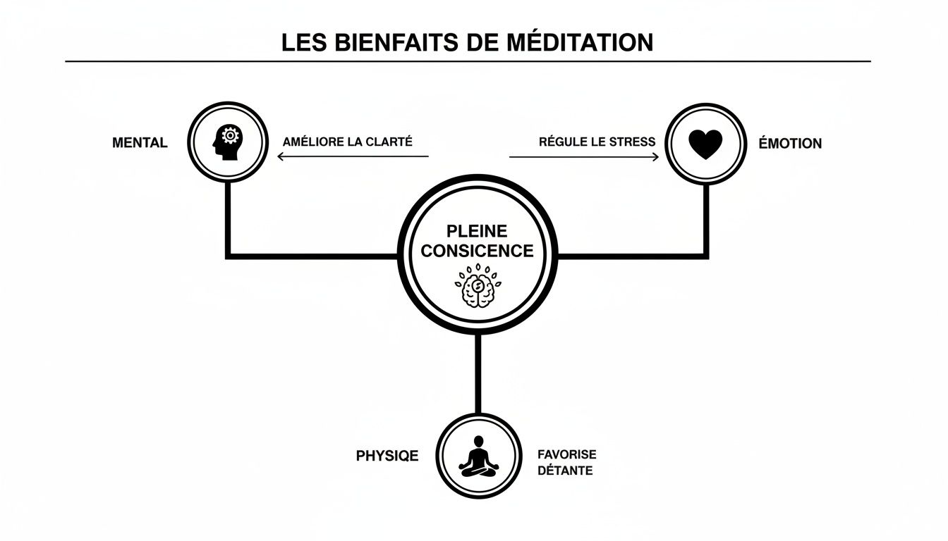 Diagramme illustrant les bienfaits de la méditation de pleine conscience sur le mental, l'émotionnel et le physique.