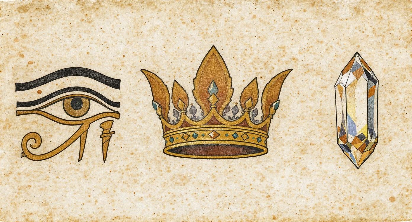 Illustration de symboles mystiques : l'œil d'Horus égyptien, une couronne dorée ornée et un grand cristal facetté sur fond texturé.