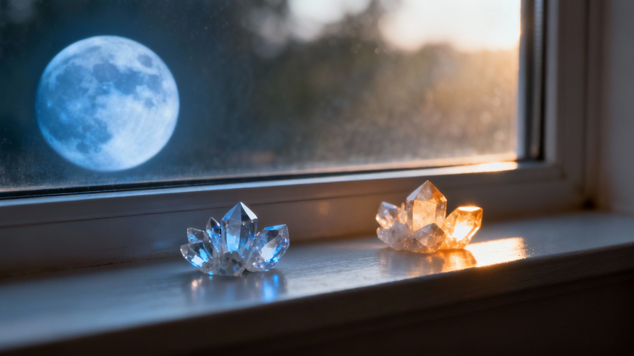 Deux amas de cristaux, l'un bleu sous la lune et l'autre orange au coucher du soleil, sur un rebord de fenêtre.
