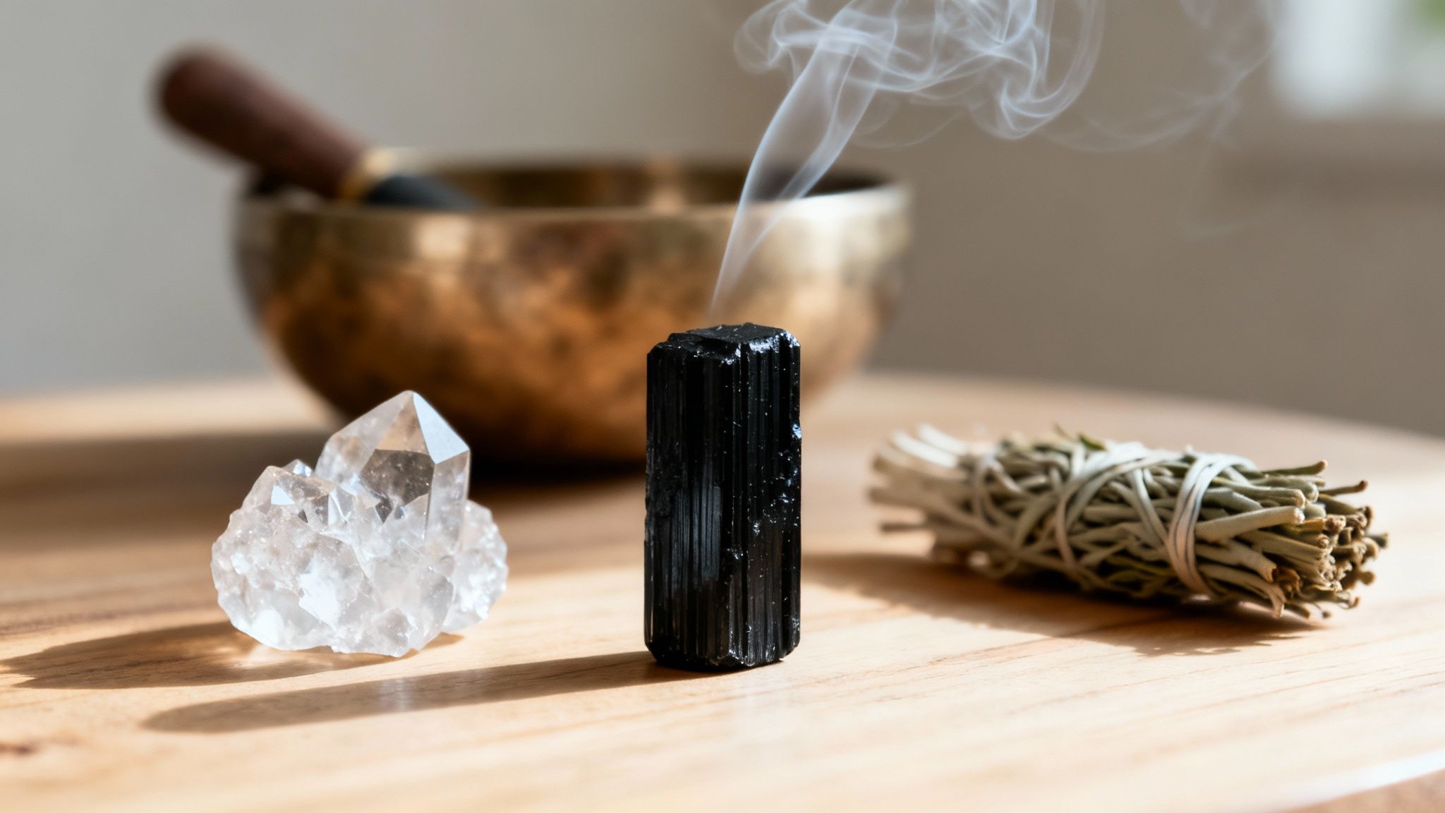Cristaux (quartz, tourmaline noire fumante), bâton de sauge et bol chantant pour méditation et bien-être.