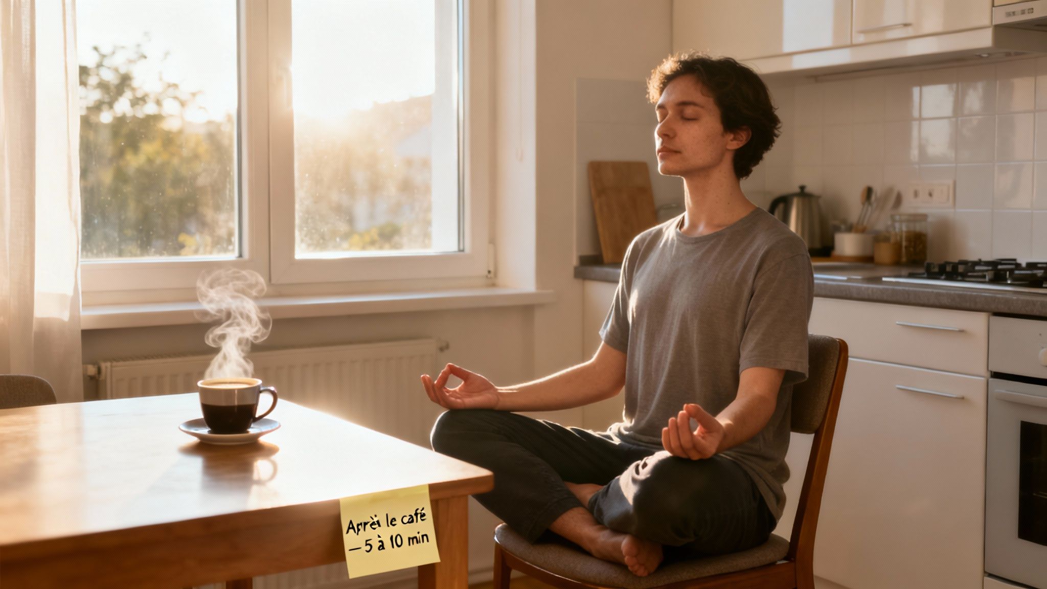 Jeune homme méditant dans une cuisine ensoleillée, avec une tasse de café fumante et une note sur la table.
