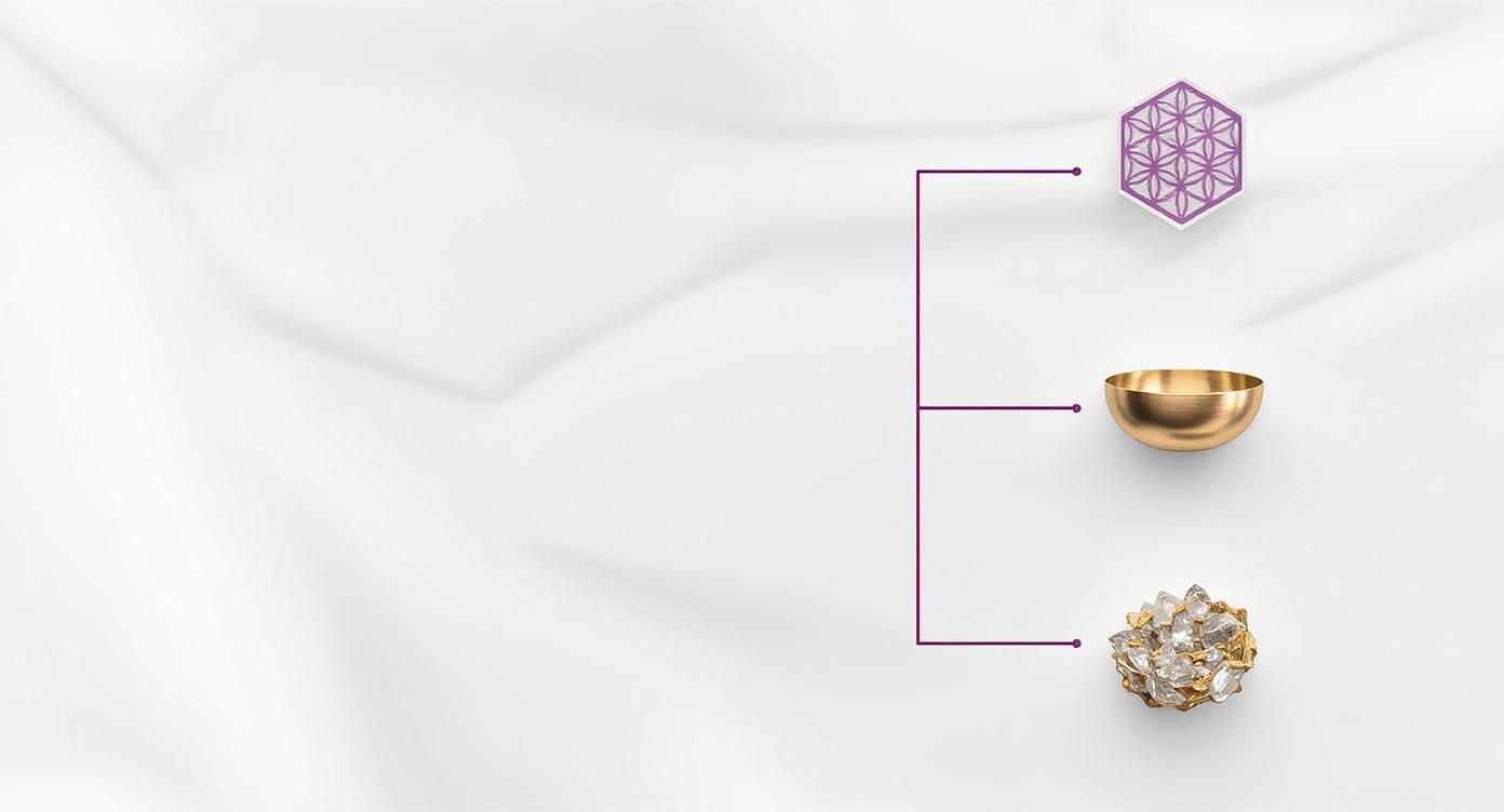 Trois objets symboliques, incluant un motif géométrique, un bol chantant et un amas de cristaux, sur fond blanc.