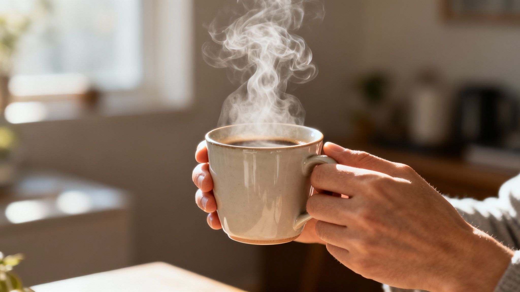 Personne savourant une tasse de thé, illustrant l'intégration de la pleine conscience dans les gestes quotidiens.