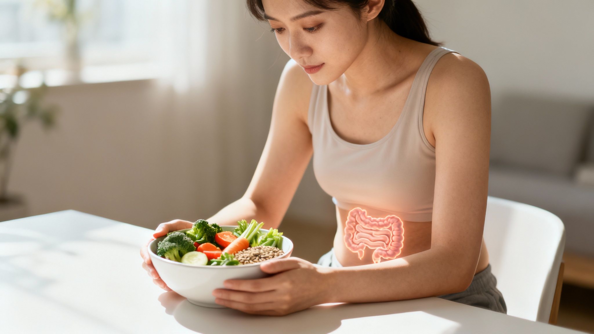 Femme tenant un bol de légumes sains avec illustration du système digestif pour renforcer l'immunité naturellement