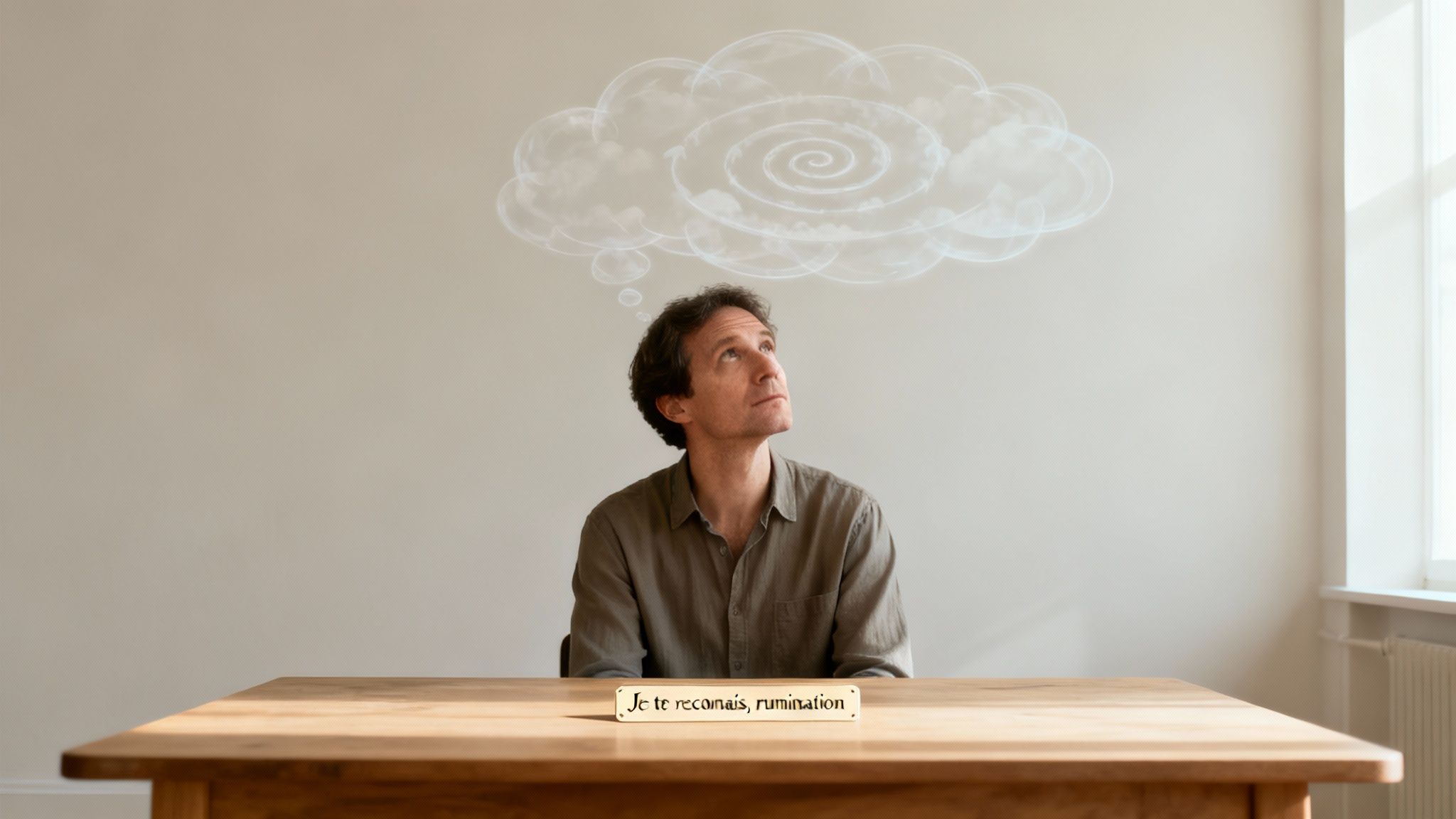 Un homme regarde une bulle de pensée en spirale. Sur la table, un panneau dit "Je te reconnais, rumination."